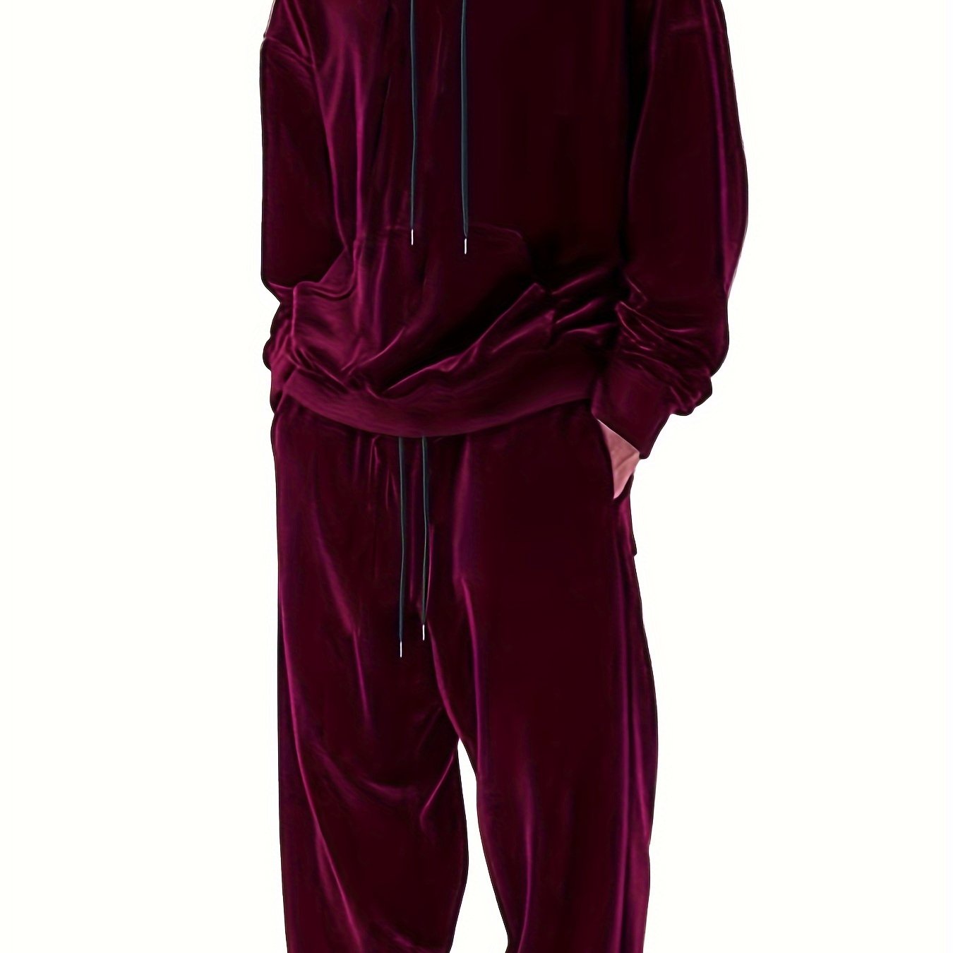 TEMU Men's 2-piece Sets, Solid Velvet Long Sleeve Hoodie And Drawstring Long Pants Set, Casual Stretchy Outfits For Fall And Winter