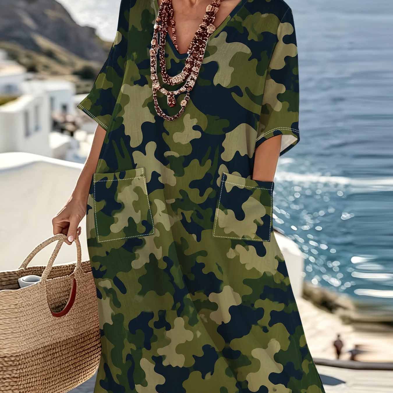Image of Plus Size, Plus Size Women's Camouflage Print Maxi Dress - -neck Short Sleeve Vintage Dress With Double Patch Pockets, Loose Fit -line Dress Suitable For Casual Outdoor Beach Vacation, Army Green
