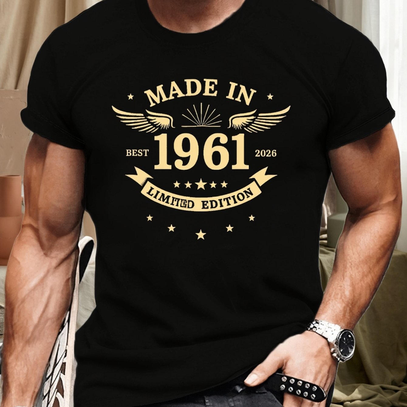 TEMU [zy Premium]men'.02inch Patterned T-shirt- Casual Crew Neck Short Sleeve T-shirt, Golden , Edition Print, Summer Casual Essential