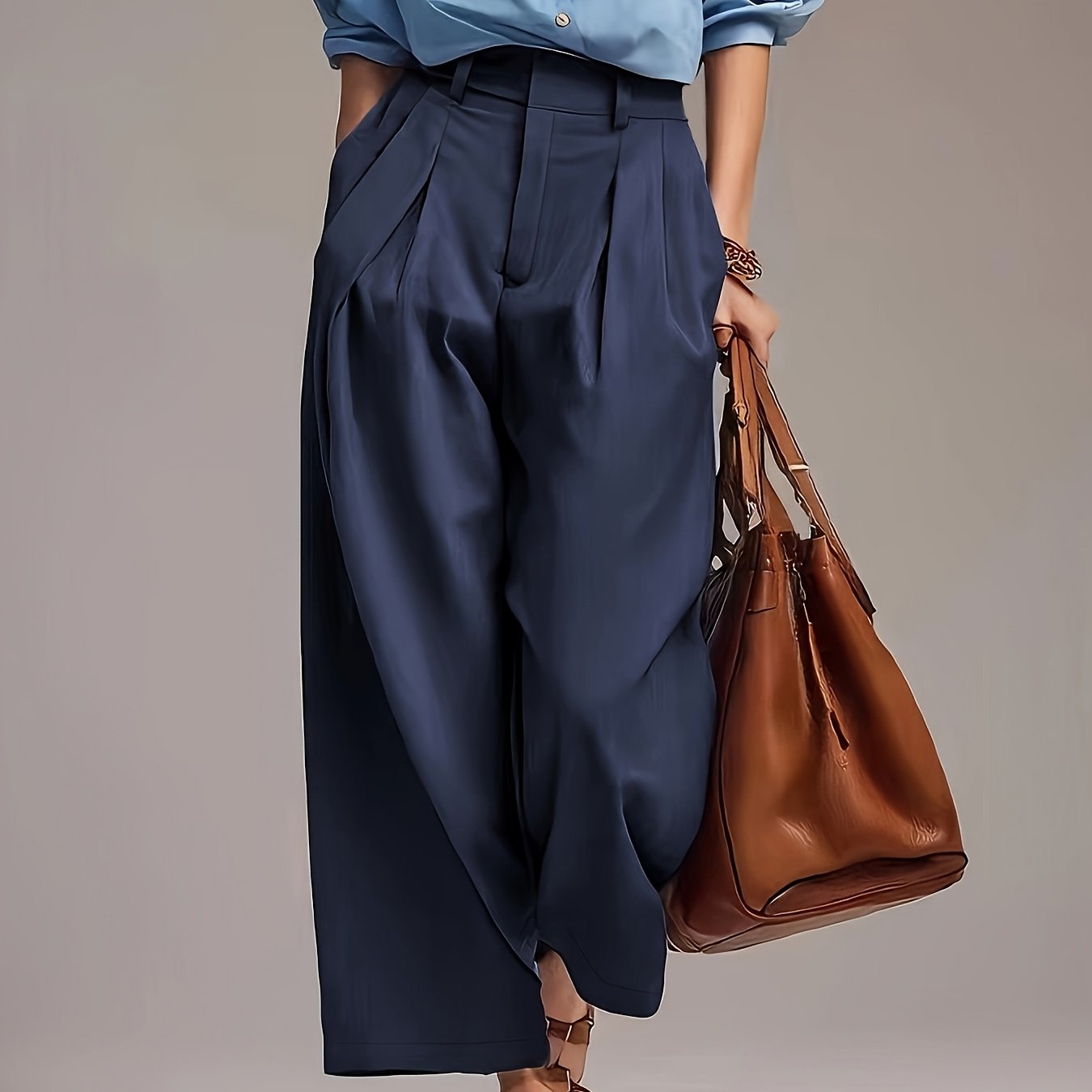 TEMU Vintage Solid Color High-waist Pleated Wide-leg Pants, Flowing And Smooth, Loose Fit, Leg-lengthing, Commuter Floor-length Pants