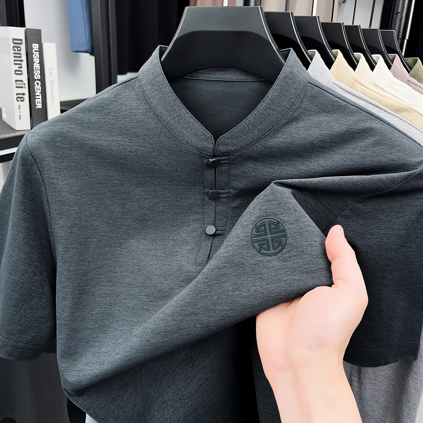 TEMU Men's Chinese Button-up Stand Collar T-shirt - Breathable Loose Fit Short Sleeve Round Neck Top With Collar, Suitable For Casual Wear,
