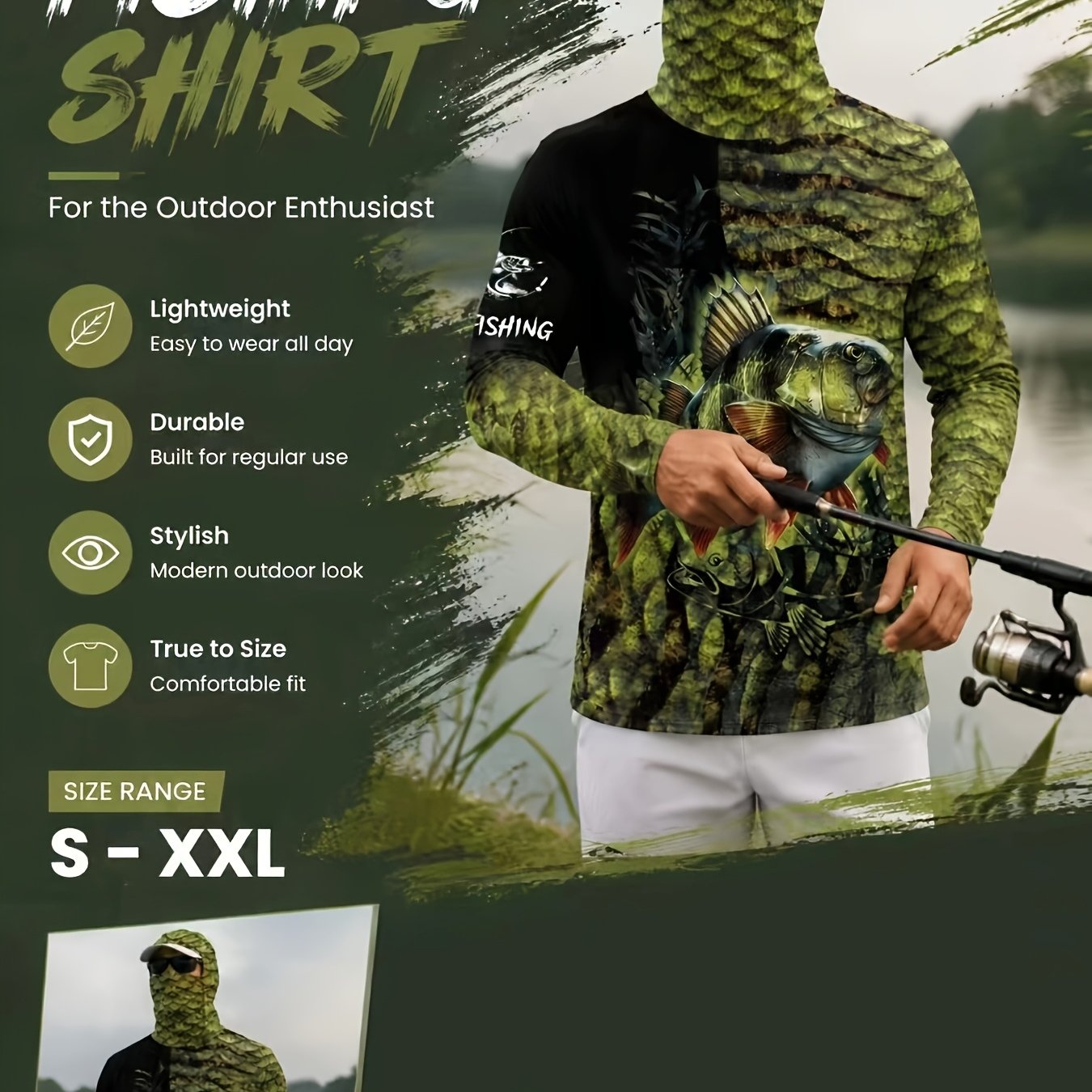 TEMU Men's Fishing Hooded Balaclava Long Sleeve Breathable Quick-dry Clothing Anti-mosquito Sunshade Suit For Angling