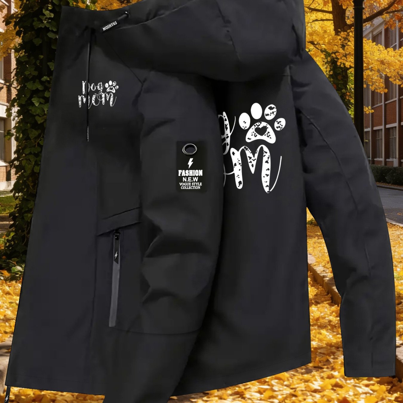 TEMU Women's Jacket, "dog Mom" Text   Heart Paw Print Pattern Printed Long Sleeve Zipper Pocket Hooded Windbreaker, Outdoor Casual Women's Zipper
