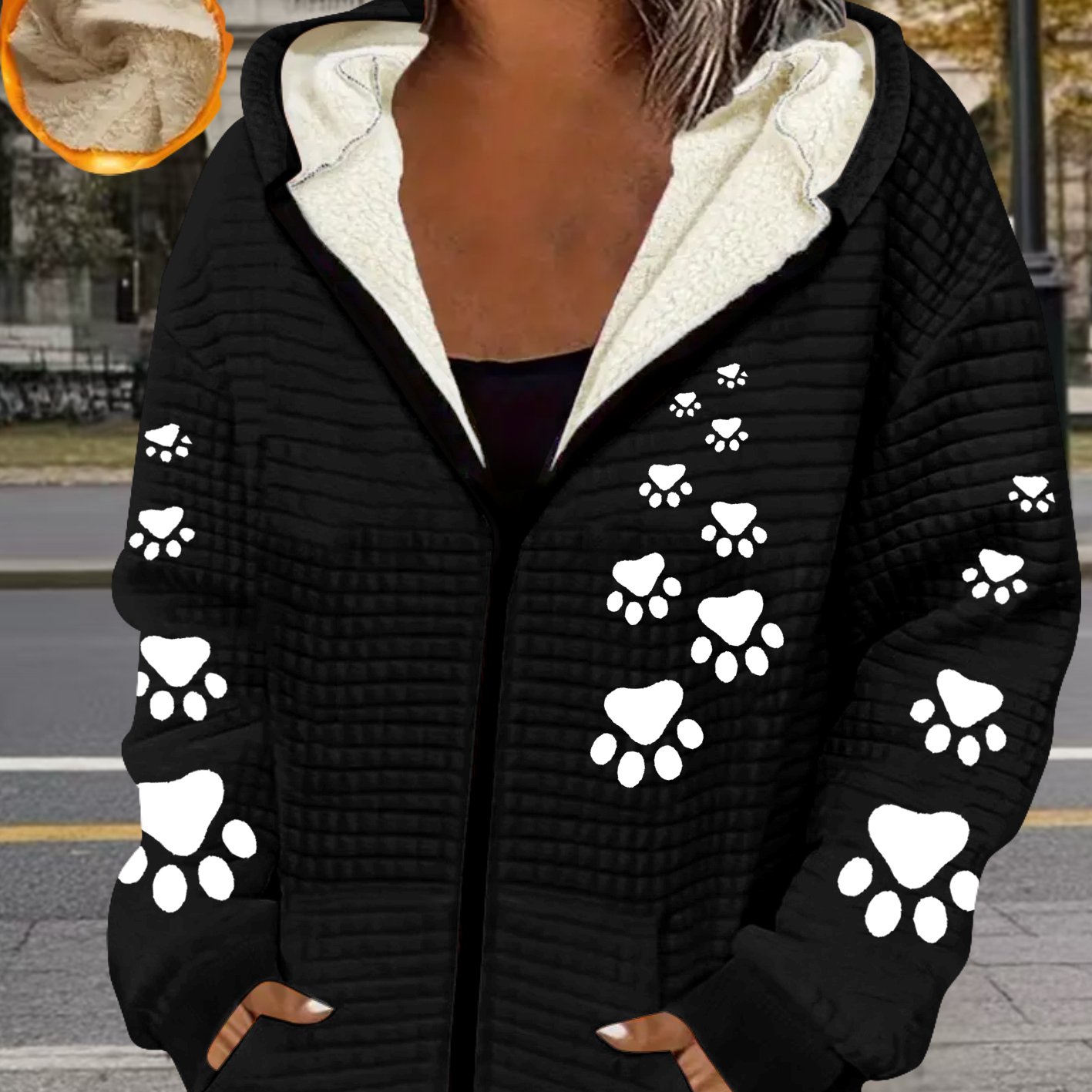 E-shop Klauenabdruck Muster, Damen Freizeit Waffel Fleece-gefütterte Jacke mit Reißverschluss, Dicke Jacke für Herbst und Winter - Faser,