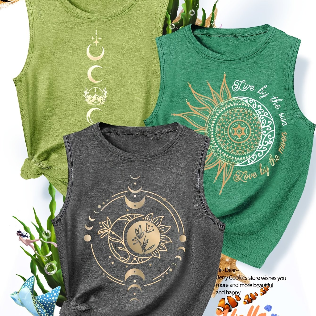 TEMU 2026 New Women's Tank Top Set Of 3, Featuring Lunar Floral Prints With Easy And Stylish Designs, Perfect For Casual Wear And Summer, In Sizes