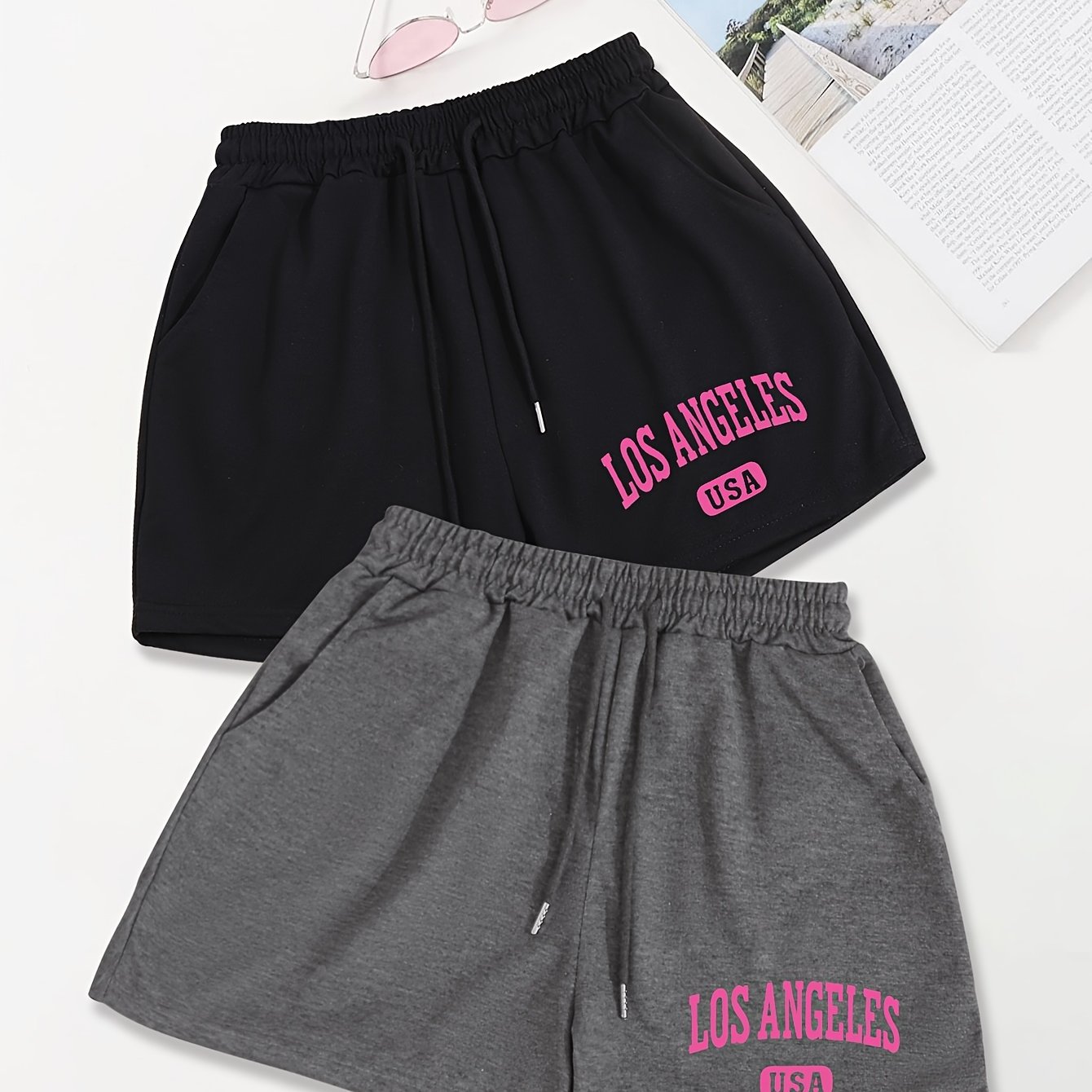TEMU 2-pack Y2k Style Women's Letter Print Drawstring Shorts, Casual Loose Polyester 100% With Pockets, Alphabet Pattern Shorts, 185g/m² Lightweight Fabric