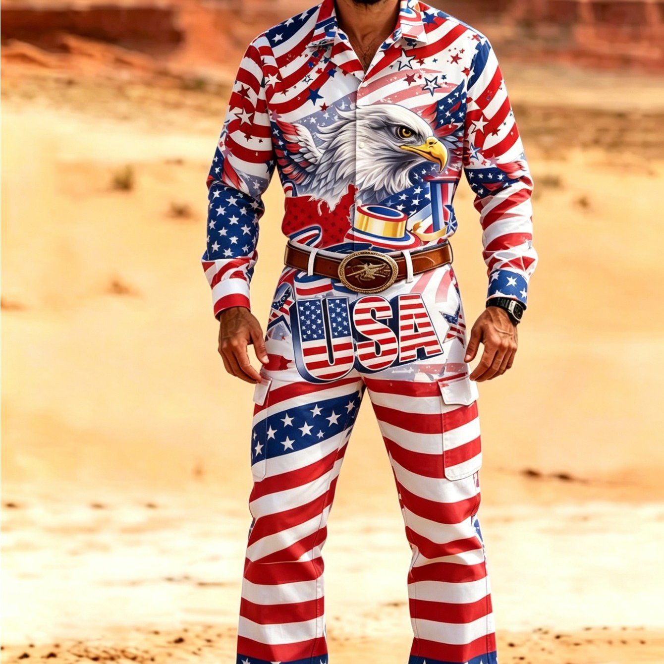 Image of Men's 2pcs Western Outfit, Long-sleeve Button-up Shirt With American Flag And Bald Eagle Print, And Work Pants Set, American Patriotic-themed Casual Set.