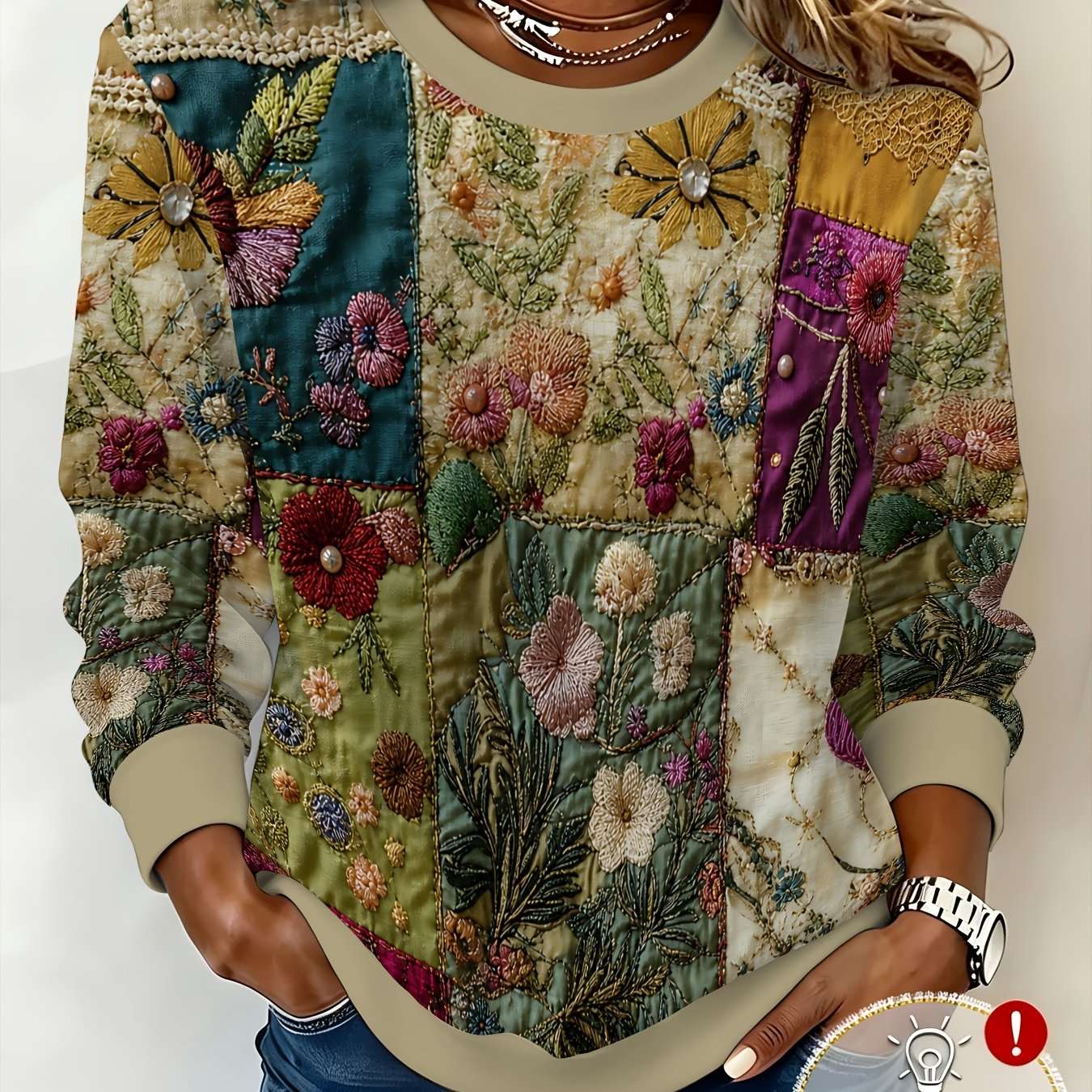 TEMU Women's Round Neck Pullover Sweatshirt, Khaki Autumn Winter Style Versatile Long Sleeve Top, Online Casual Wear, Simulated Squares Wildflowers