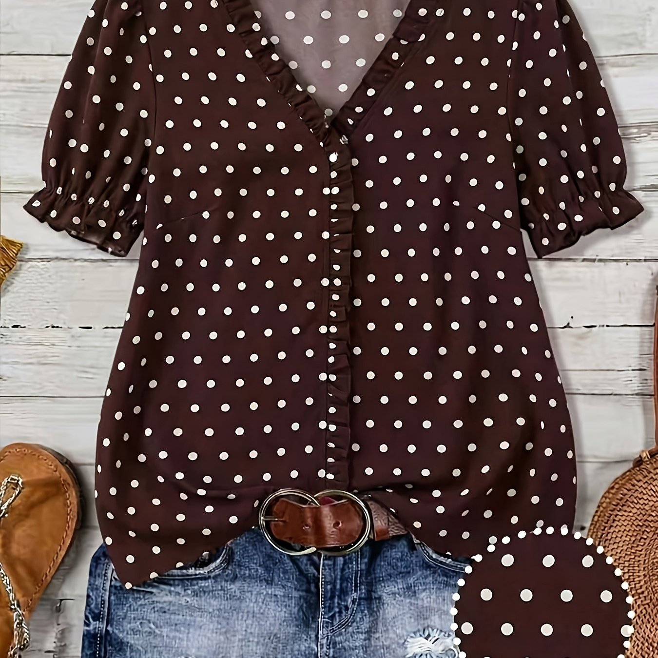 TEMU Polka Dot V-neck Hem Women's Top