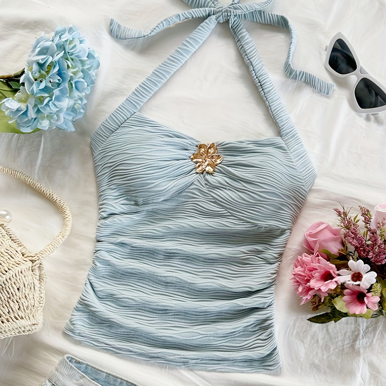 Image of Women's Summer Sexy Halter Neck Top With Fashionable Corsage, Suitable For Shopping, Afternoon Tea, Travel, Beach, And Photography