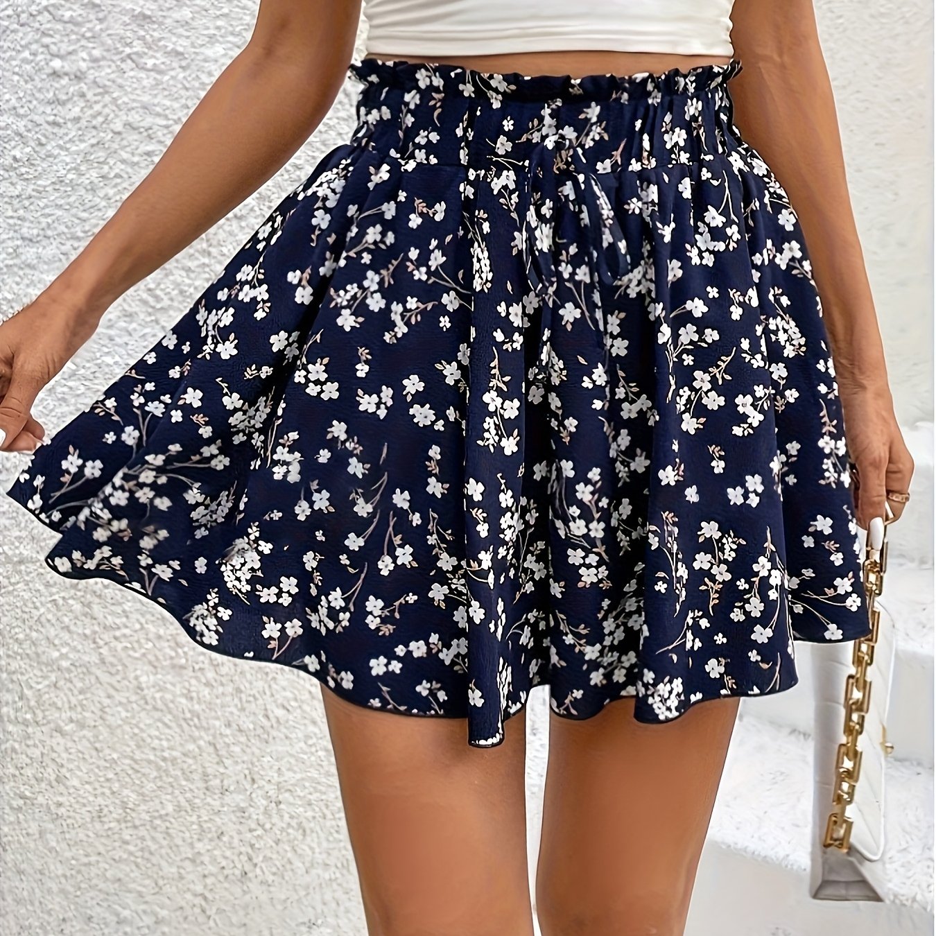 E-shop Damenmode Blumenmuster, -Mischgewebe mit Stretch, Maschinenwaschbar, Kordelzug-Design, Casual Urlaub High-Waist Elastischer Bund, Weit