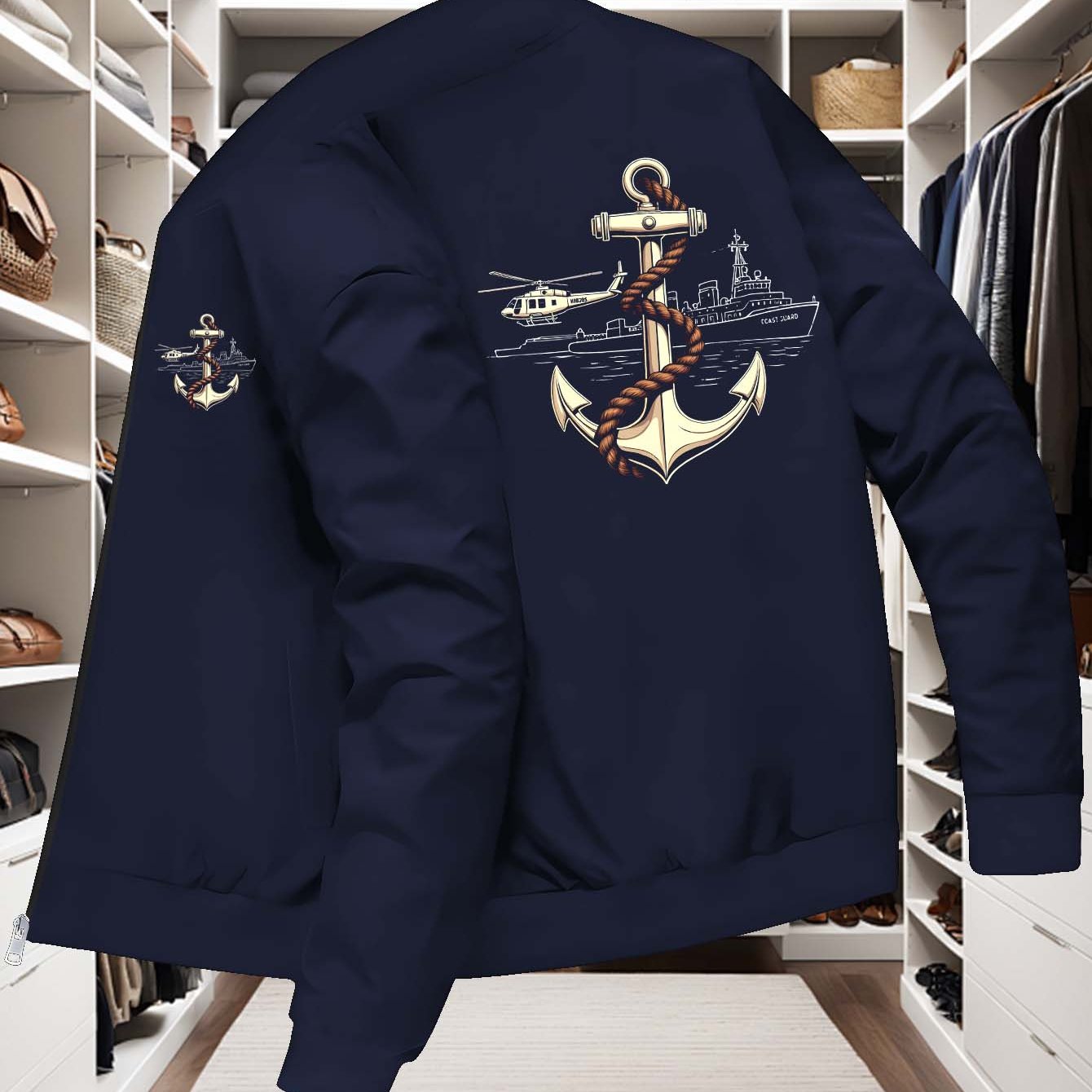 TEMU Navy Anchor Print Jacket, Military Nautical Theme Outerwear, Military Enthusiast , Trendy Individual Style