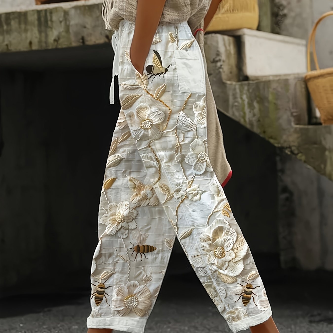 TEMU New Women's Long Pants With 3d Printed Simulated Elastic Waistband And Decorative Drawstring