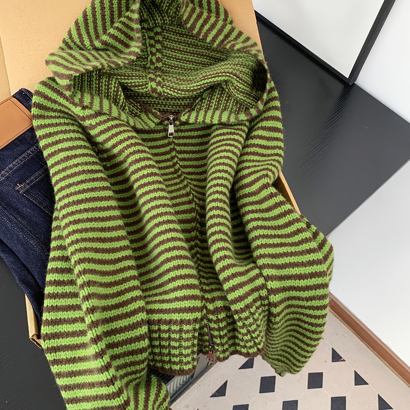 TEMU Elegantsut Women' Vintage Hooded Sweater Jacket - Double-ended Zipper Cardigan With Hood, Preppy Striped Sweater Suitable For Office,, , Fall ,