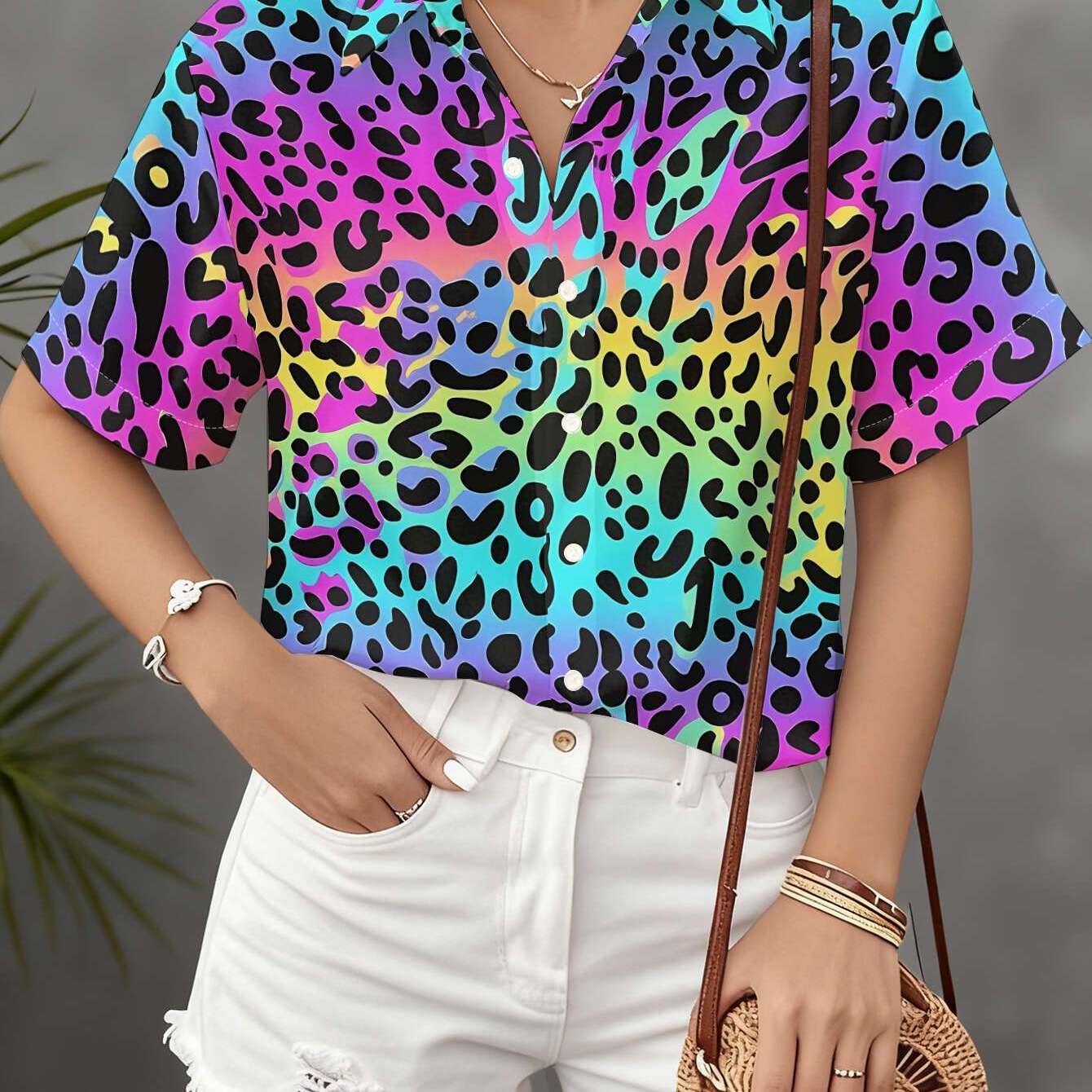 TEMU Camisa casual de manga corta para mujer con base de degradado colorido y diseño de estampado de leopardo , superior lavable a máquina, camisa de