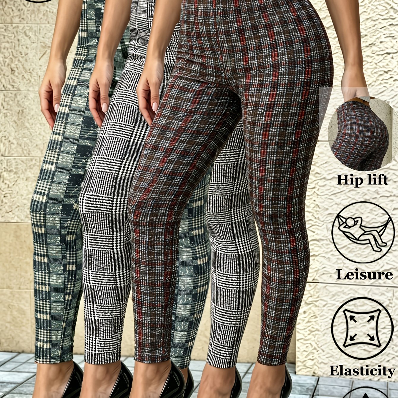 TEMU Pack de 3 leggings cortos retro a cuadros, pantalones ajustados elegantes de moda para mujer, tela elástica, planos, suaves, cómodos, clásicos,