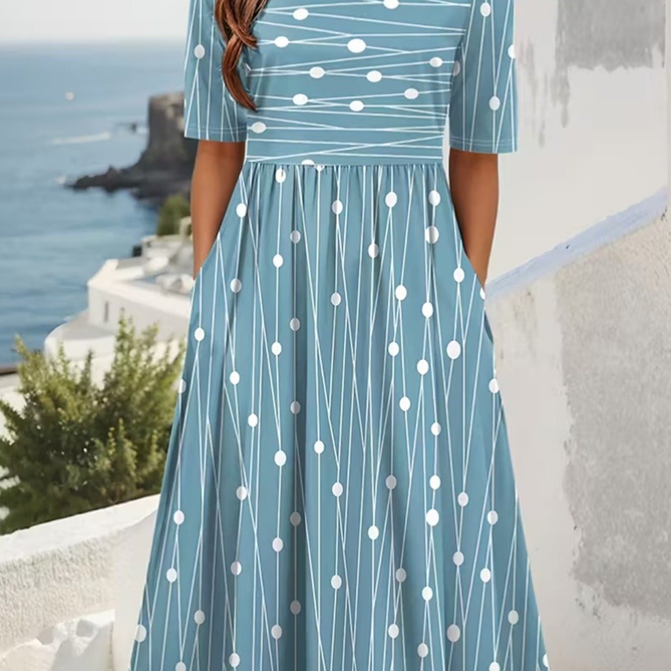Women's Easy Striped Print Round-neck Pocket Casual Midi Dress