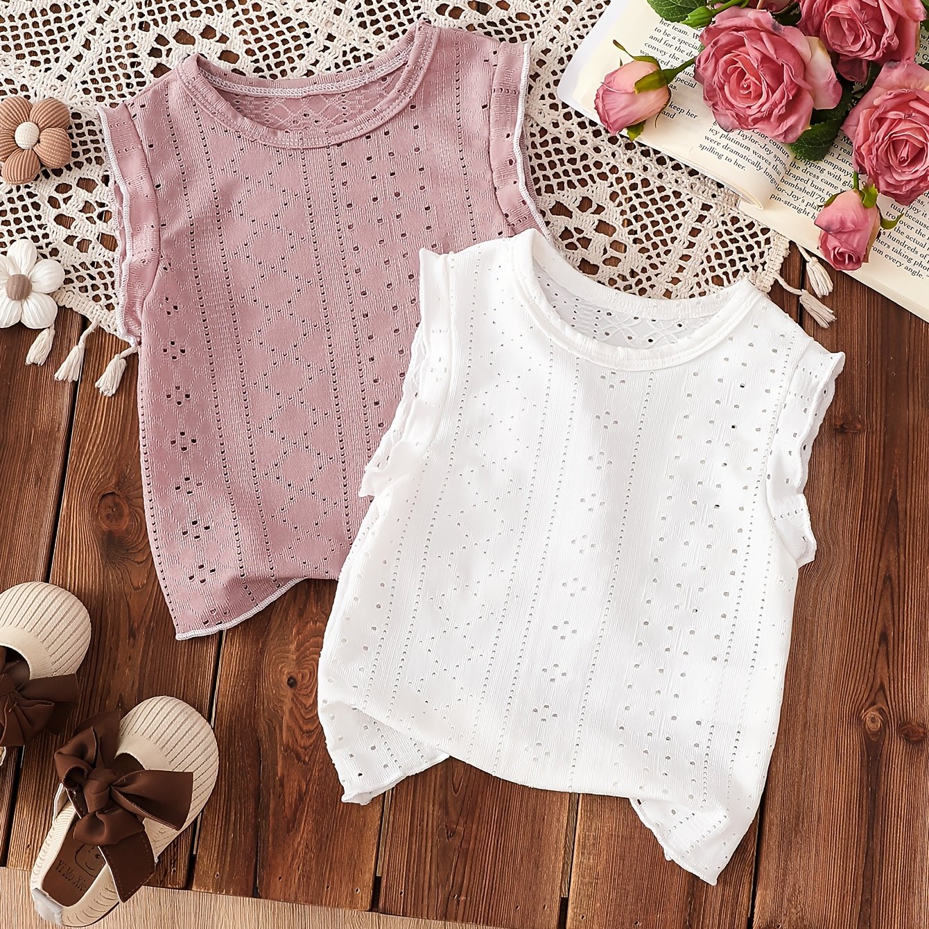 TEMU Girls' Small 2pcs Set Hollow-out Mesh Sleeveless Tank Top In Pink/white, Breathable And Not Stuffy, Suitable As A Summer Base Layer Or For