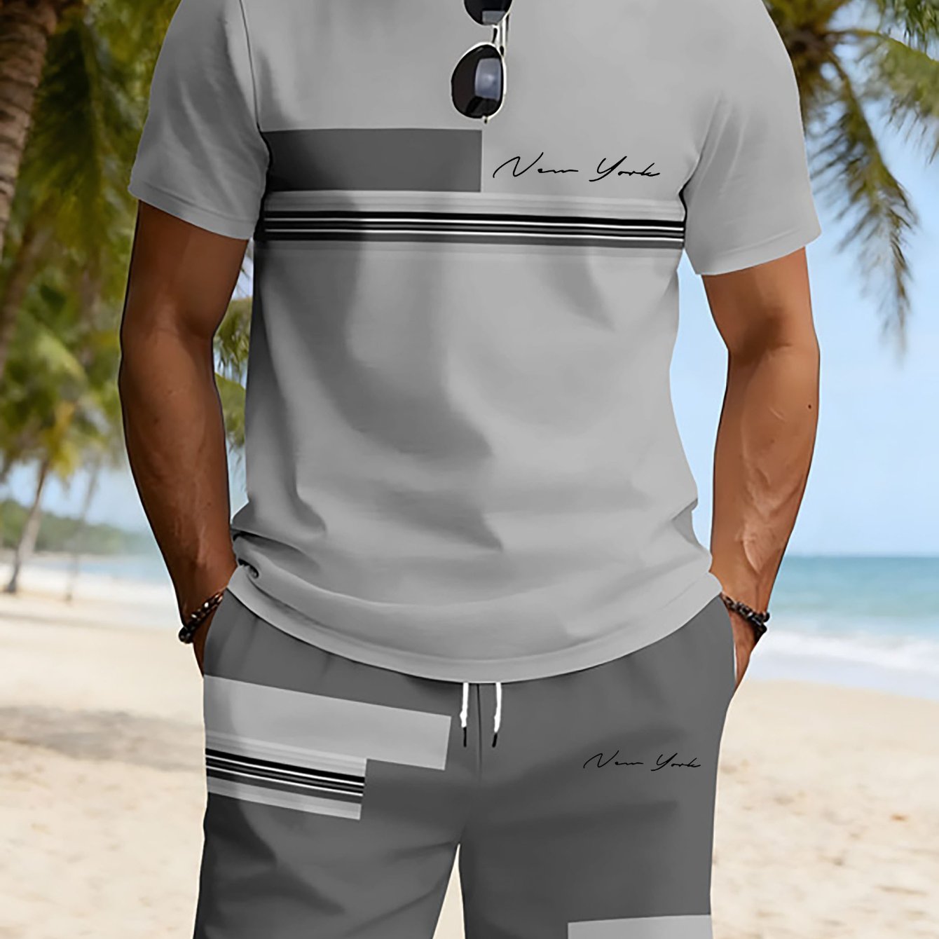 TEMU Men's Fashion Trendy Casual Round Neck Printed Short Sleeve Set