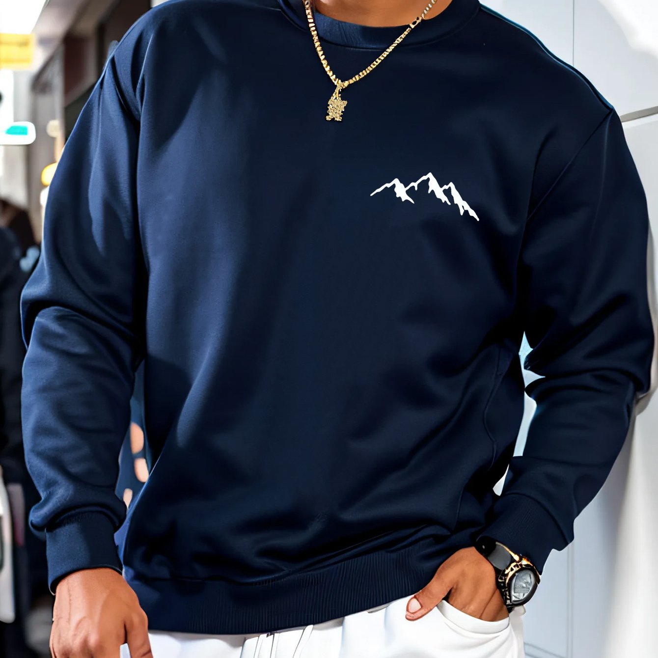 E-shop Herren Freizeit Langarm Sweatshirt mit Rundhalsausschnitt und Bergdruck, Polyester, Maschinenwaschbar
