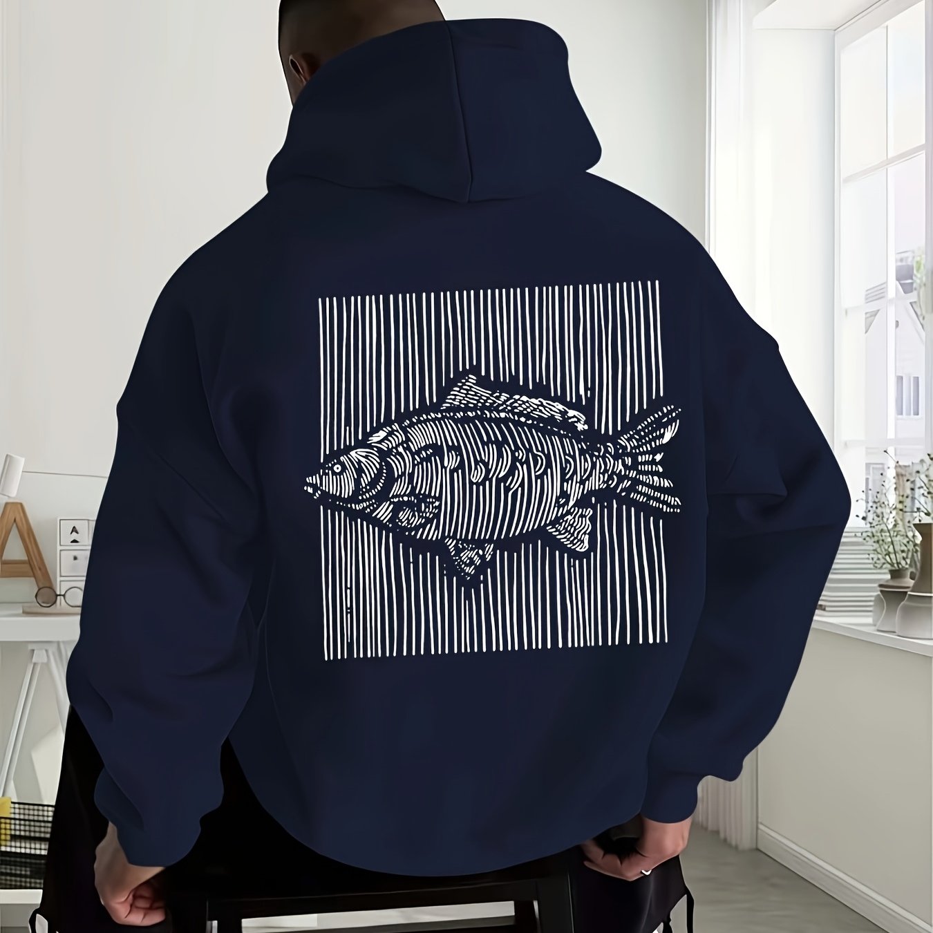 TEMU Fish Print, Men's Casual And Cozy Hoodies, Trendy Long Sleeve Hooded Sweatshirt, Casual Versatile Top For Autumn Winter