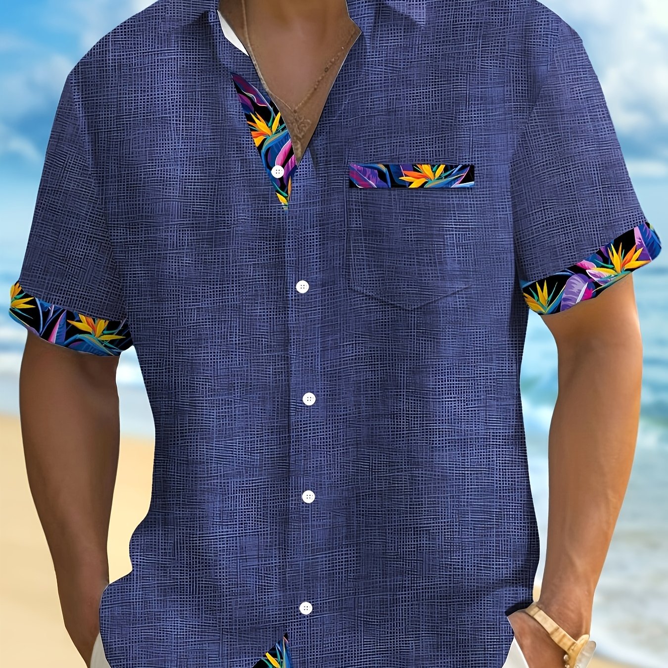 Casual Partial Floral Print Men's Plus Size Button-pocket Short Sleeve Hawaiian Shirt
