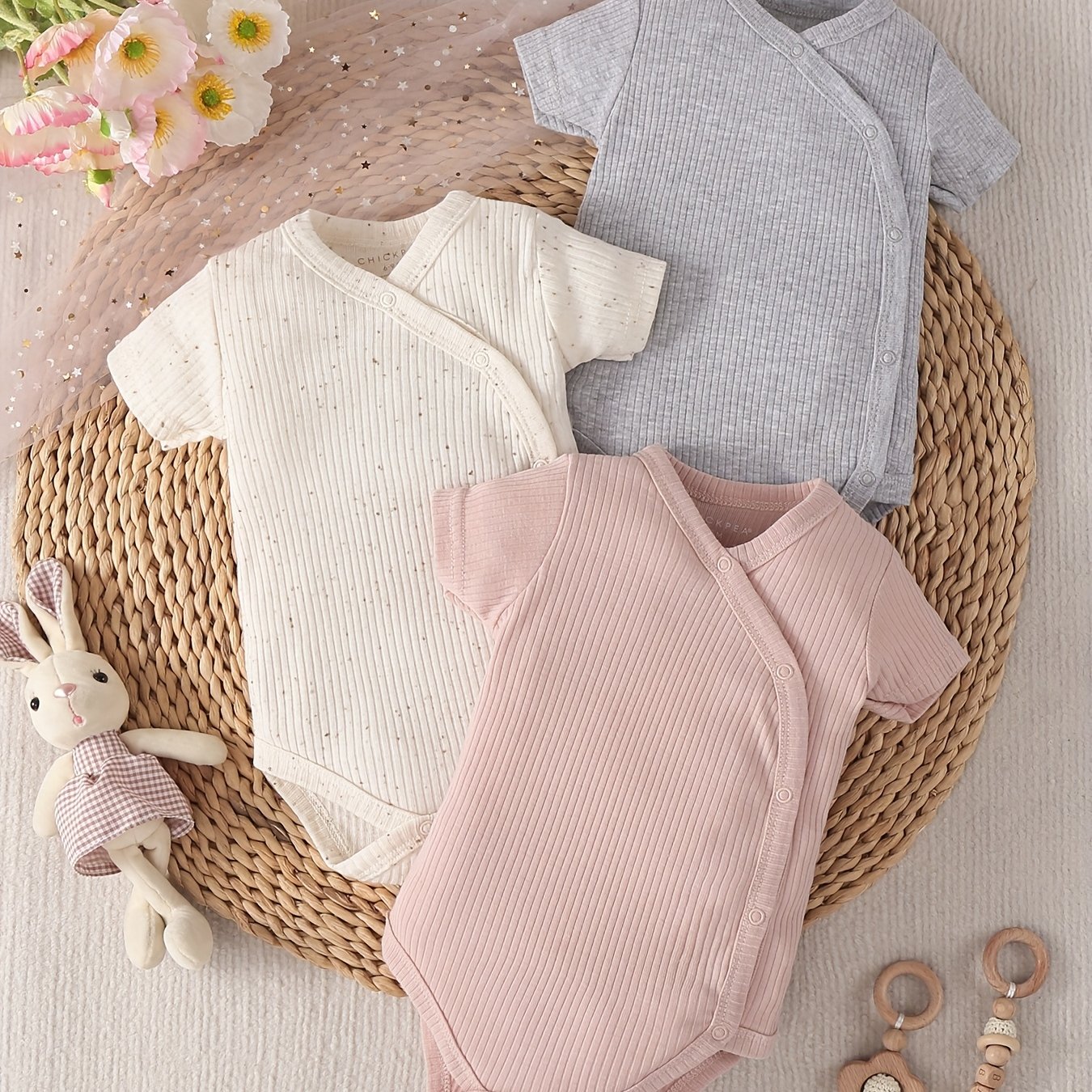 Image of 3pcs Summer Cartoon Newborn Short Sleeve Baby Girl Bodysuit Soft Children's Clothing For Outdoor Activities, Perfect For Outdoor