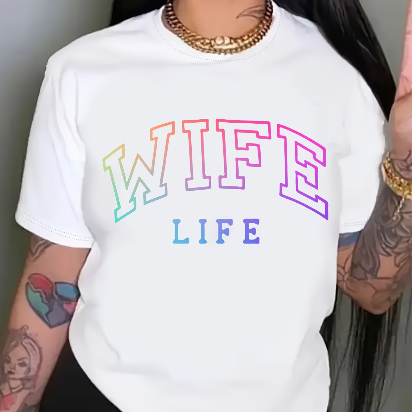 TEMU Plus Size Wife T-shirt, Casual Short Sleeve Crew Neck Top For Spring& Summer, Women's Plus Size Clothing