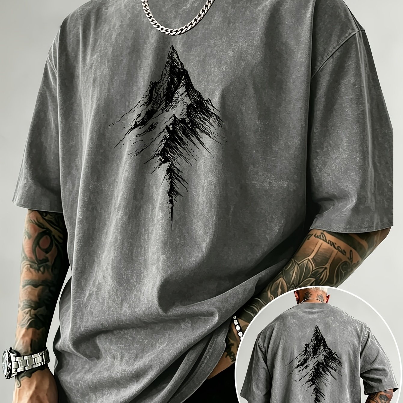 TEMU [print Design Non-texture] Men's Fashion Print T-shirt, Athletic Wear | Men's Sports T-shirt, Men's Distressed T-shirt, Acid Wash Pattern