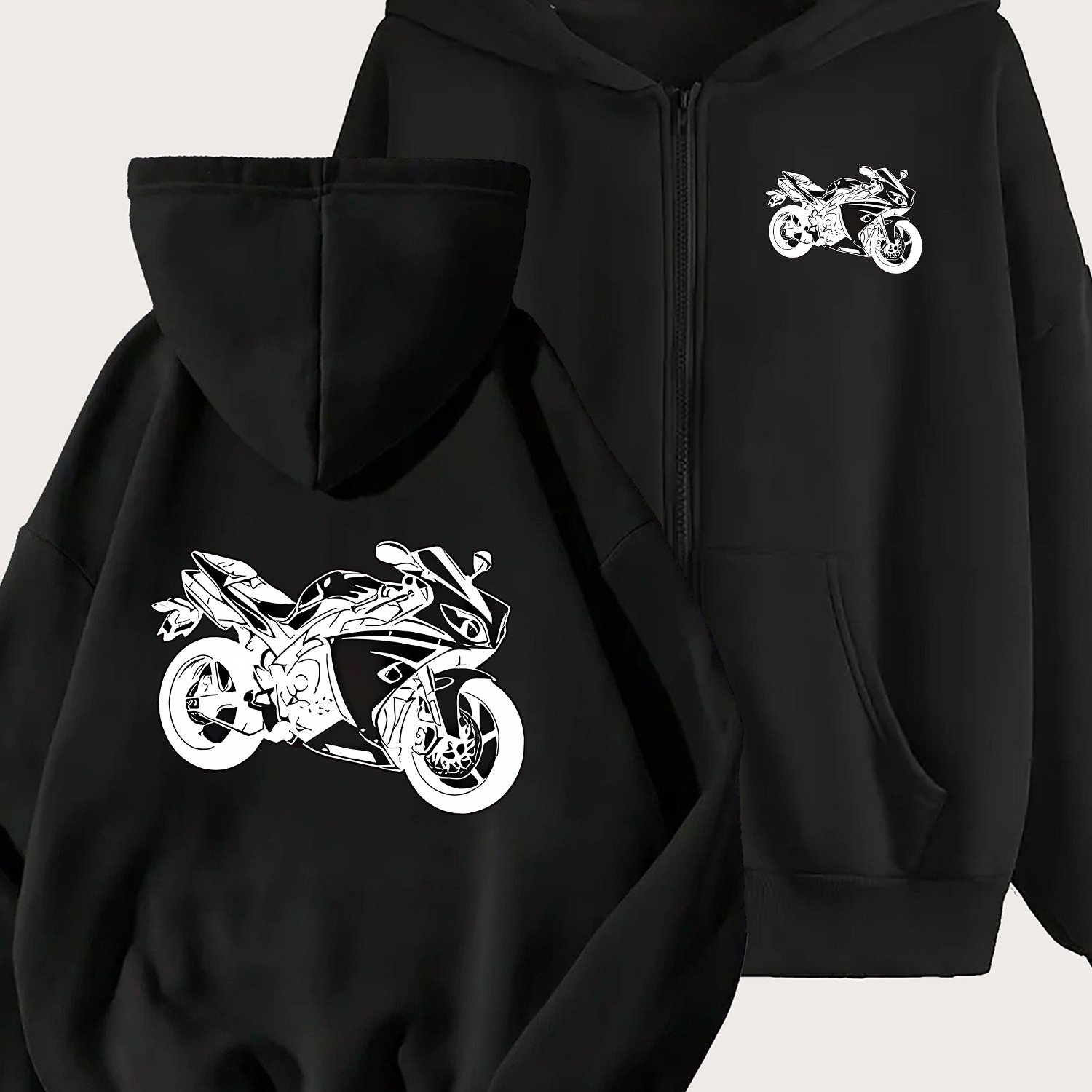 TEMU Women's Full-zip Hooded Jacket - Trendy And Minimalist With A Unique Motorcycle Geometric Pattern, Long-sleeve Zip-up Sweatshirt, Suitable For