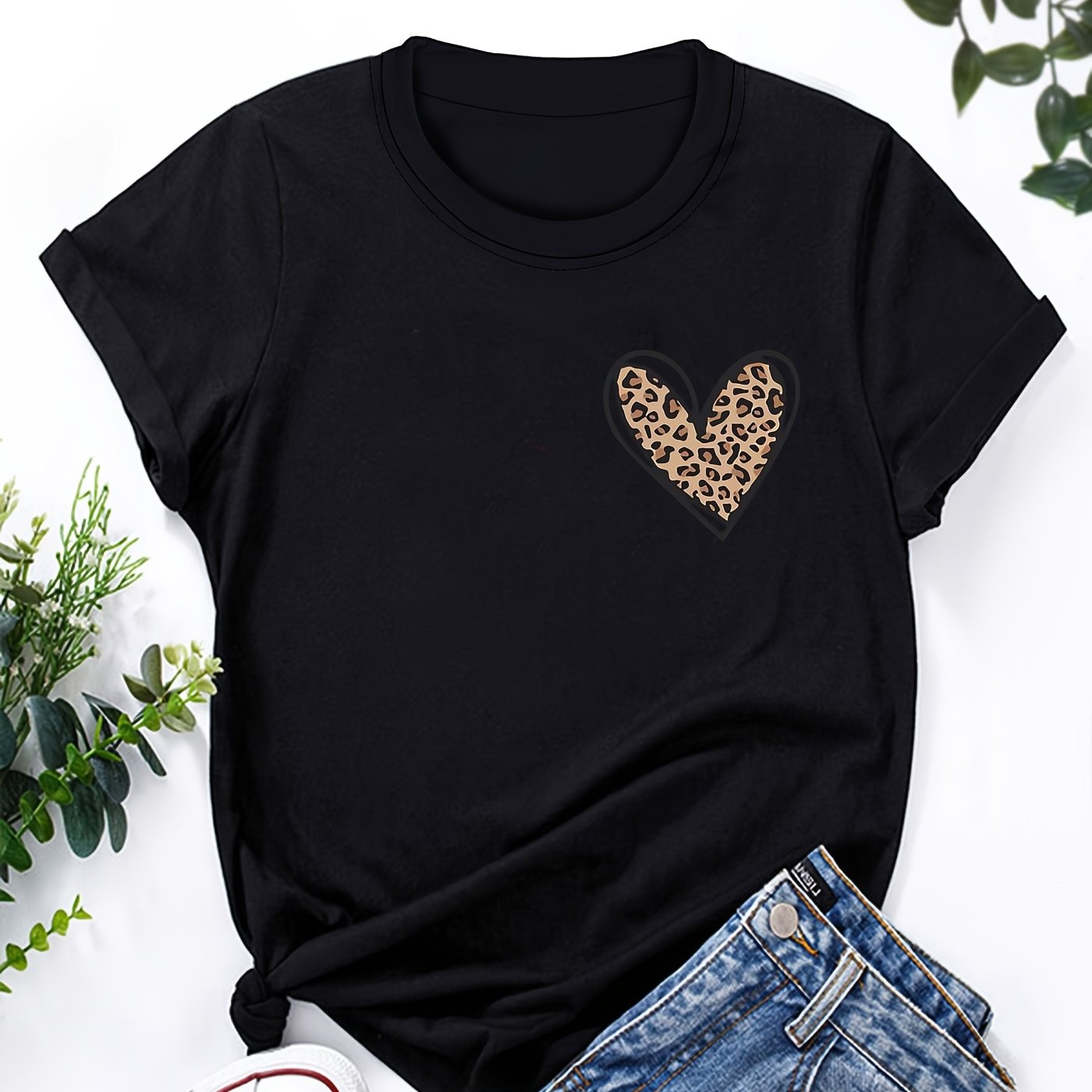 E-shop T-Shirt mit Liebes-Aufdruck, Kurzärmeliges Freizeit-Top mit Rundhalsausschnitt für Sommer & Frühling, Damenbekleidung