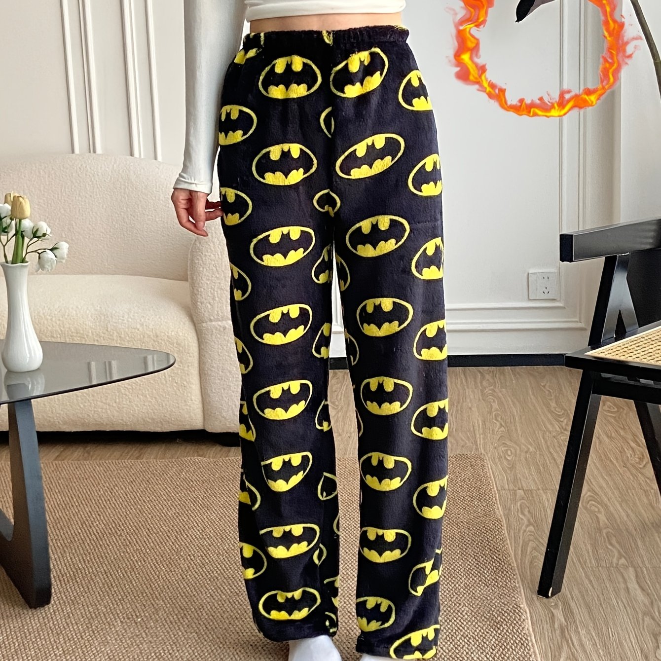 Image of Warner Cartoon Batman Printed Fashion Pants - And Yellow, Suitable For Casual , Thick Style Trousers, Indoor Leisure Individual All-match Couple Pants, Black And , Loose Comfortable Fabric