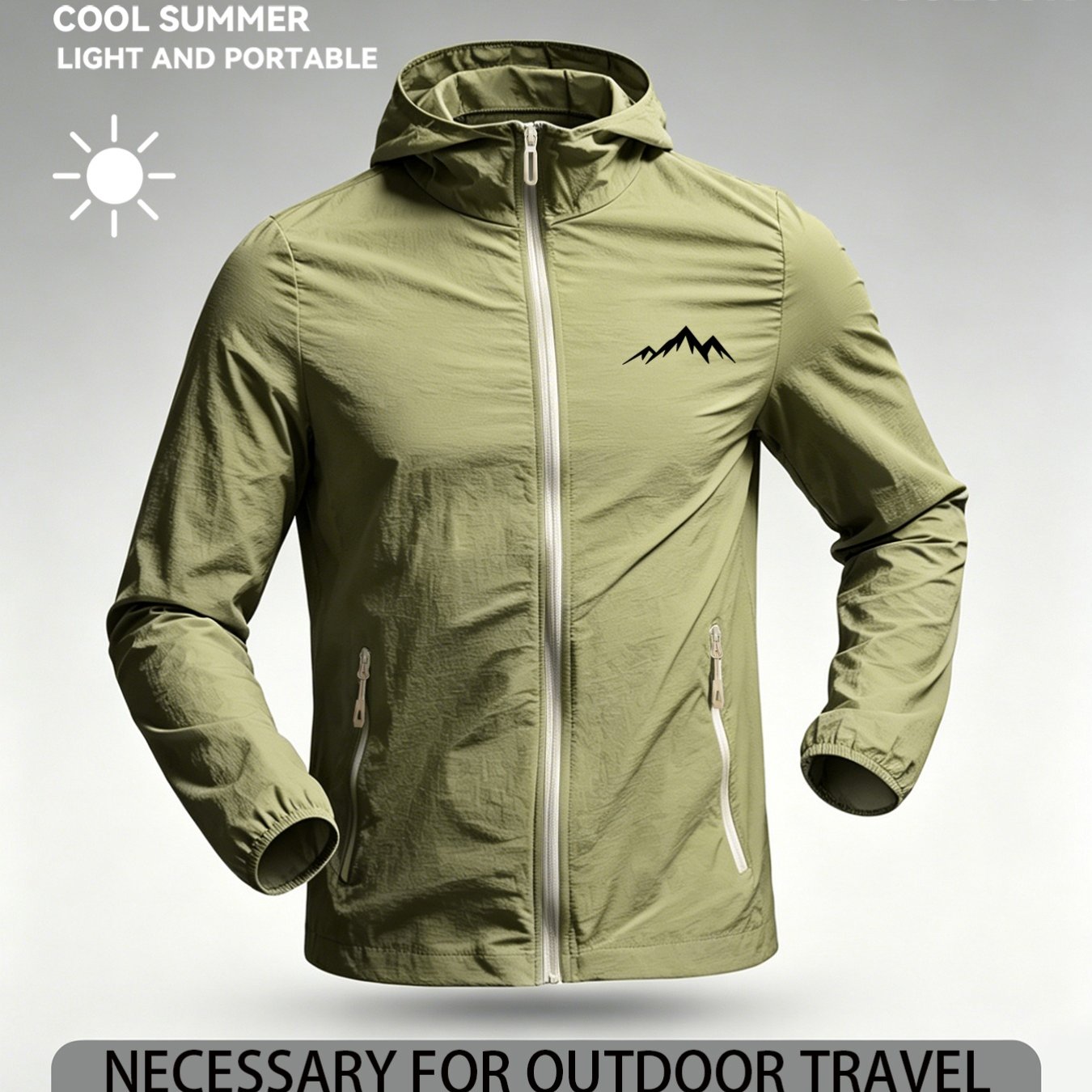 TEMU Minimalist Trendy Style "mountain Silhouette Print" Men's Summer Lightweight Hooded Skin Suit, Casual Outdoor Outing Outfit, Thin Breathable