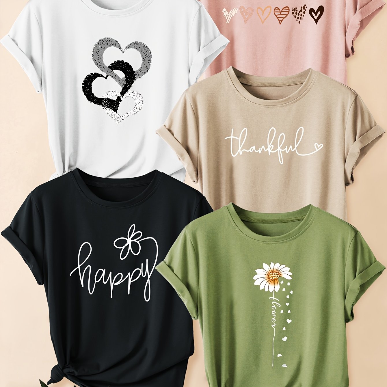 TEMU 5pcs Women's Vintage Graphic T-shirts - Happy, Thankful & Heart Daisy Print Round Neck Tees, Soft Stretchy Fabric, Machine Washable, Spring