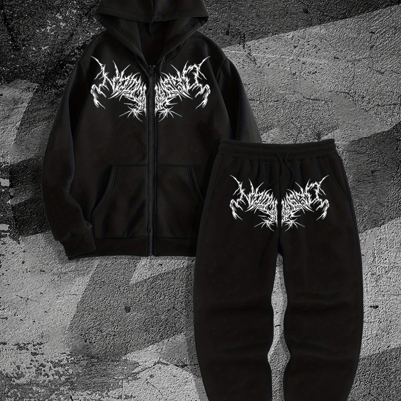 E-shop Gothic Dark Style Bedrucktes Herren-Zip-Up Hoodie Joggerhose Zweiteiliges Set