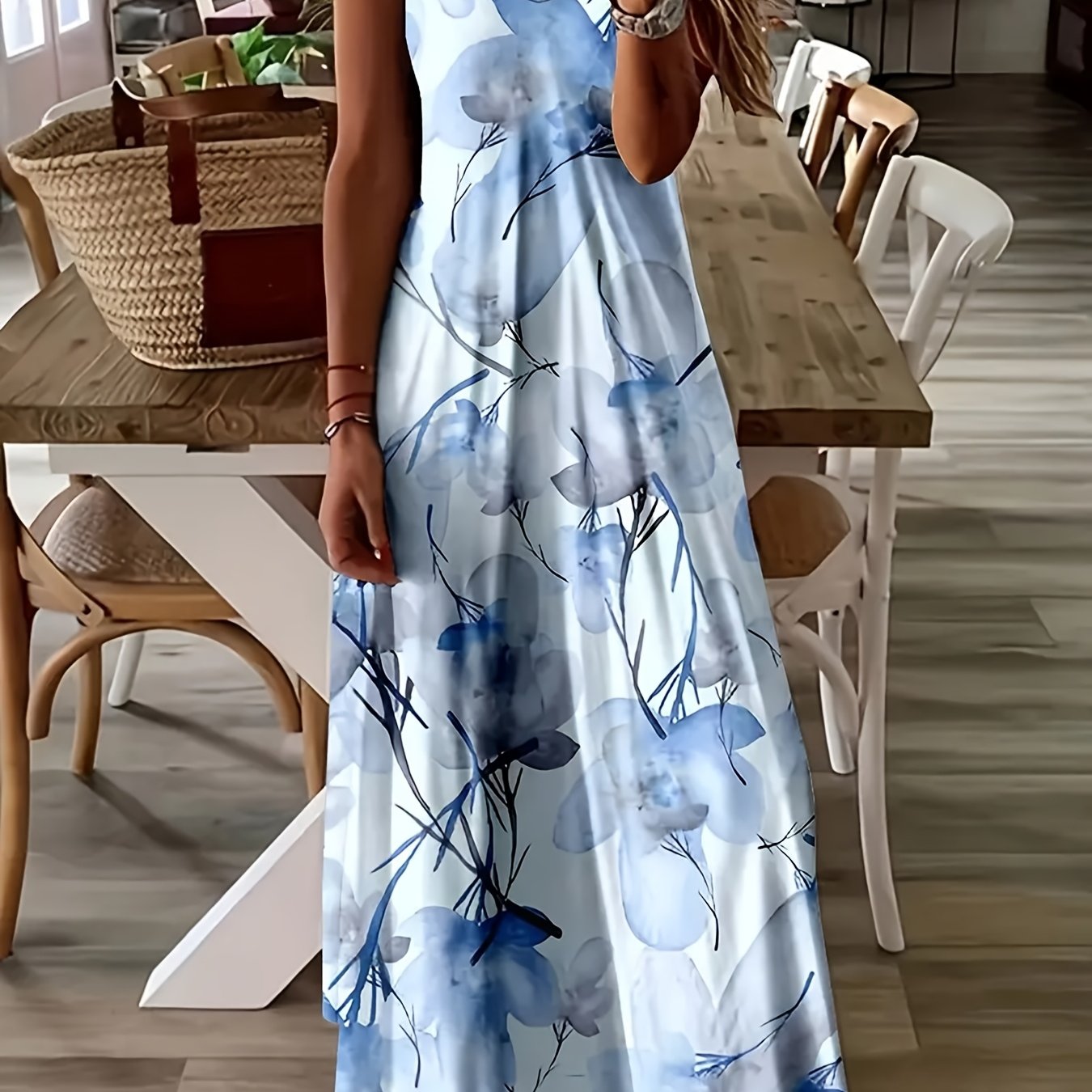 TEMU European And Women's Floral Print Spaghetti Strap Maxi Dress, Casual A-line Full Skirt Sundress