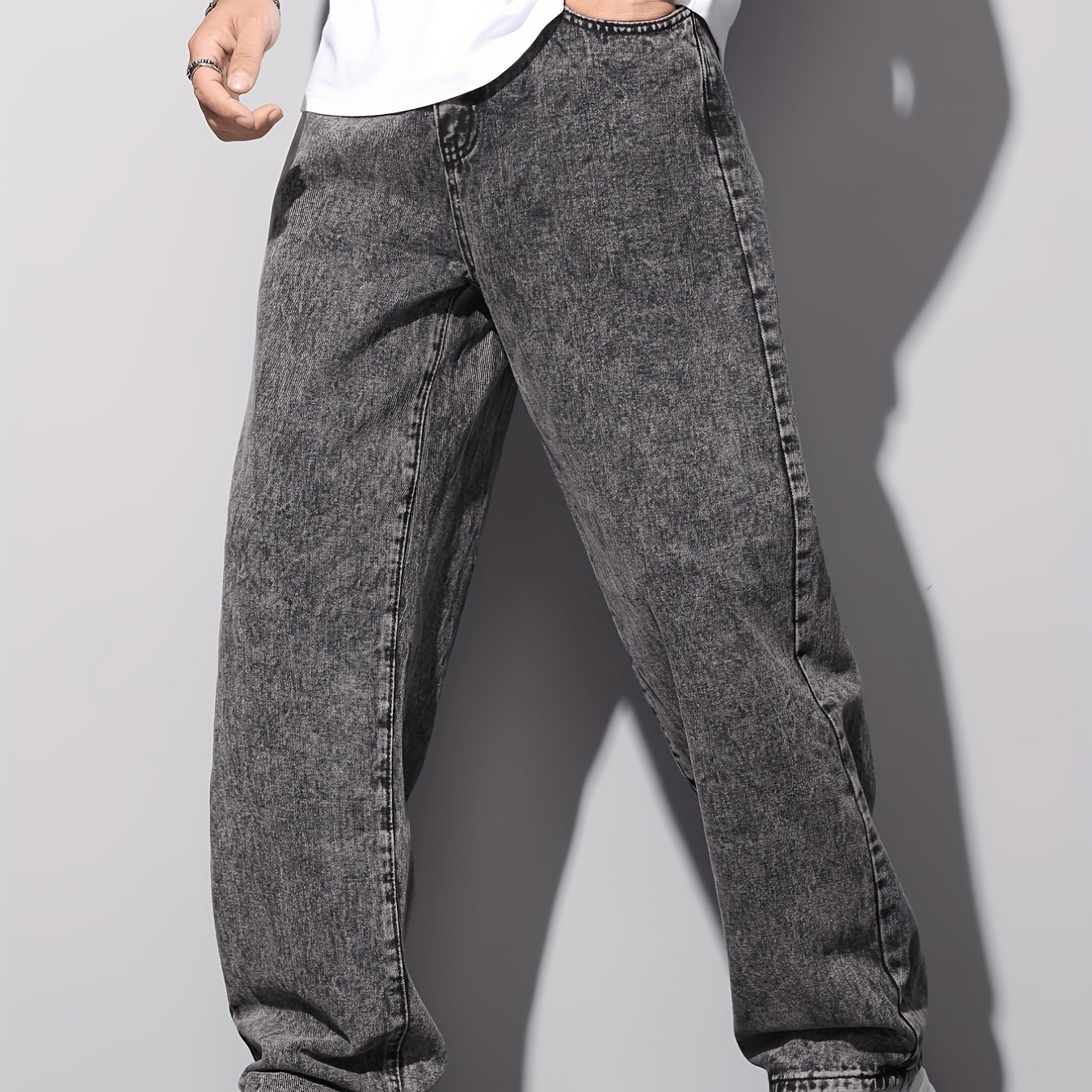Image of High Washed Smoke Grey Jeans For Men - Loose Fit Straight-leg Casual Pants, Autumn Menswear