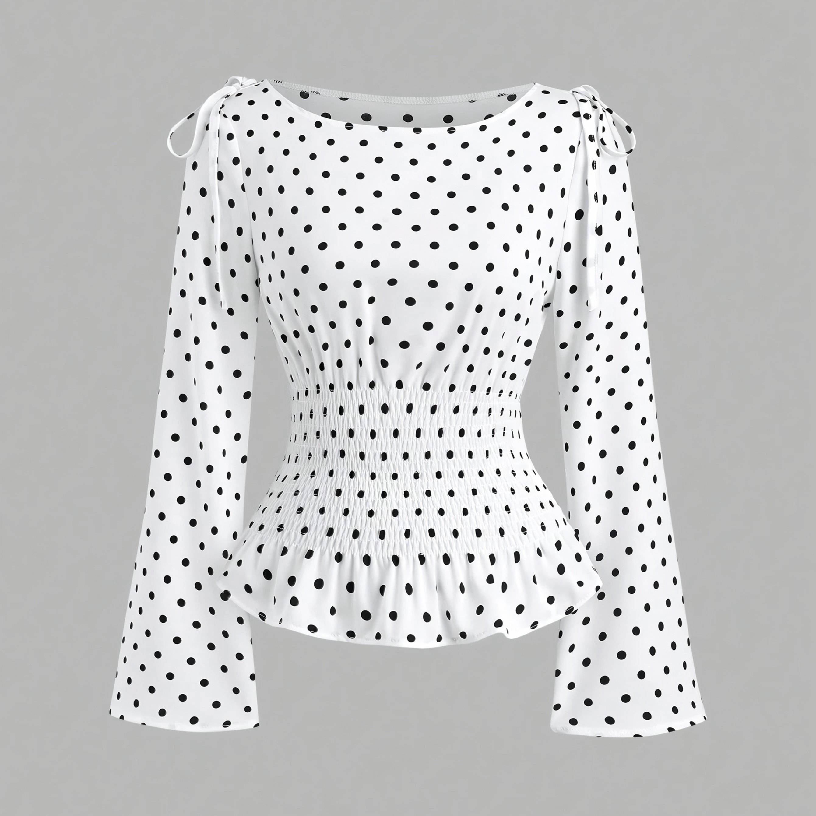 Women's Autumn/winter French Style Polka Dot Lantern Sleeve Shirt With Bow Waist Detail