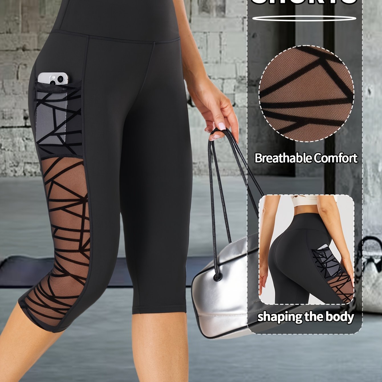 New Women's Side Mesh Transparent Yoga -quarter Pants, Sweat-absorbing Sports Tights, -lifting And Waist-toning Comfortable Casual Pants