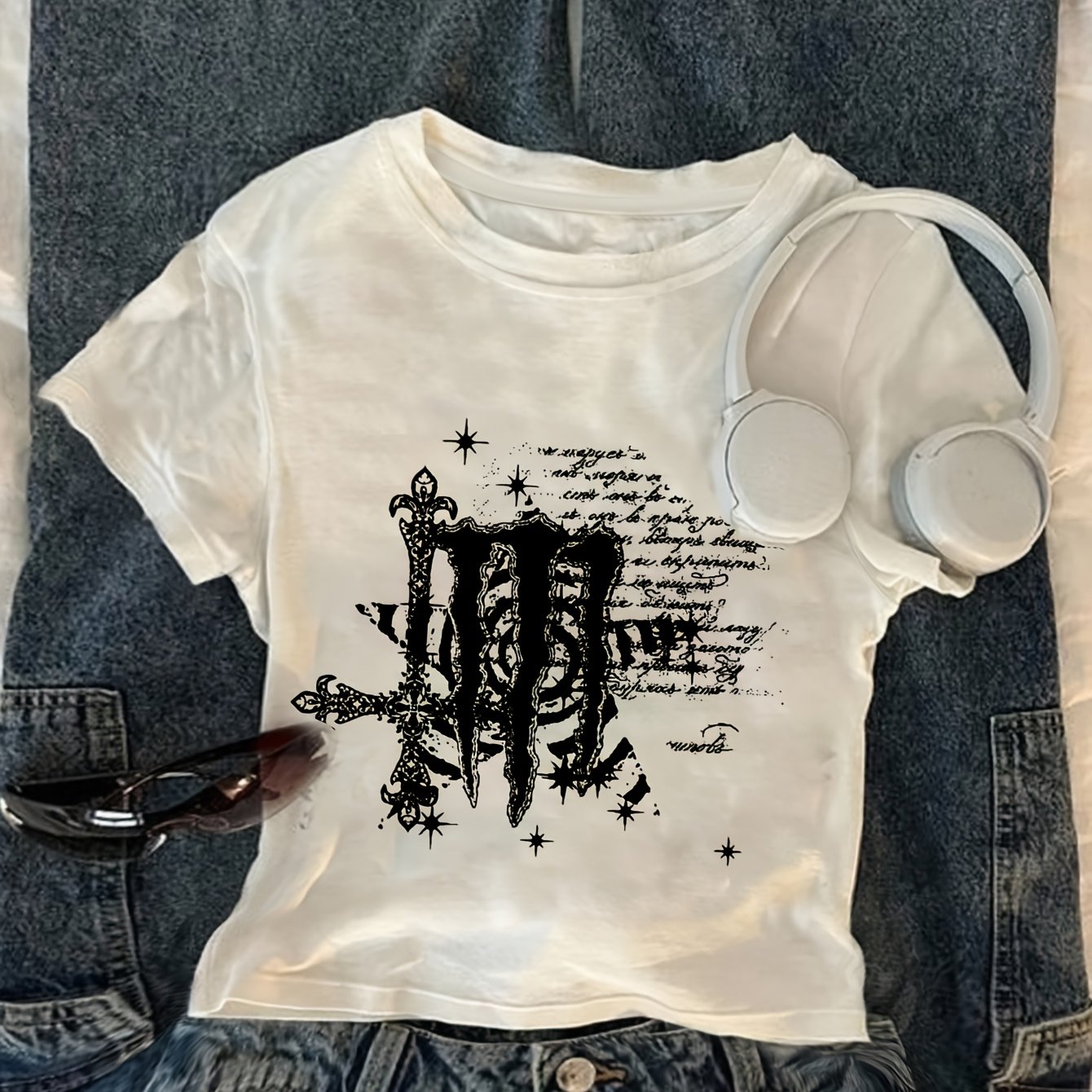 TEMU Dark Style Claw Mark Cross Pentagram Print Trendy Streetwear Versatile Y2k Women's Regular Shoulder Round Neck Fitted Short Sleeve T-shirt