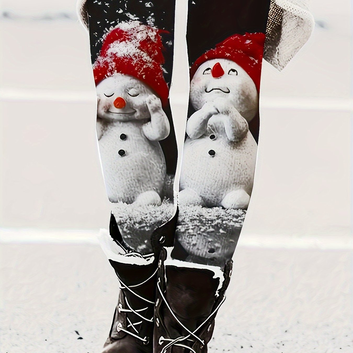 Plus Size, Women's Autumn/winter Warm Thickened Snowman Print Plus-size Leggings
