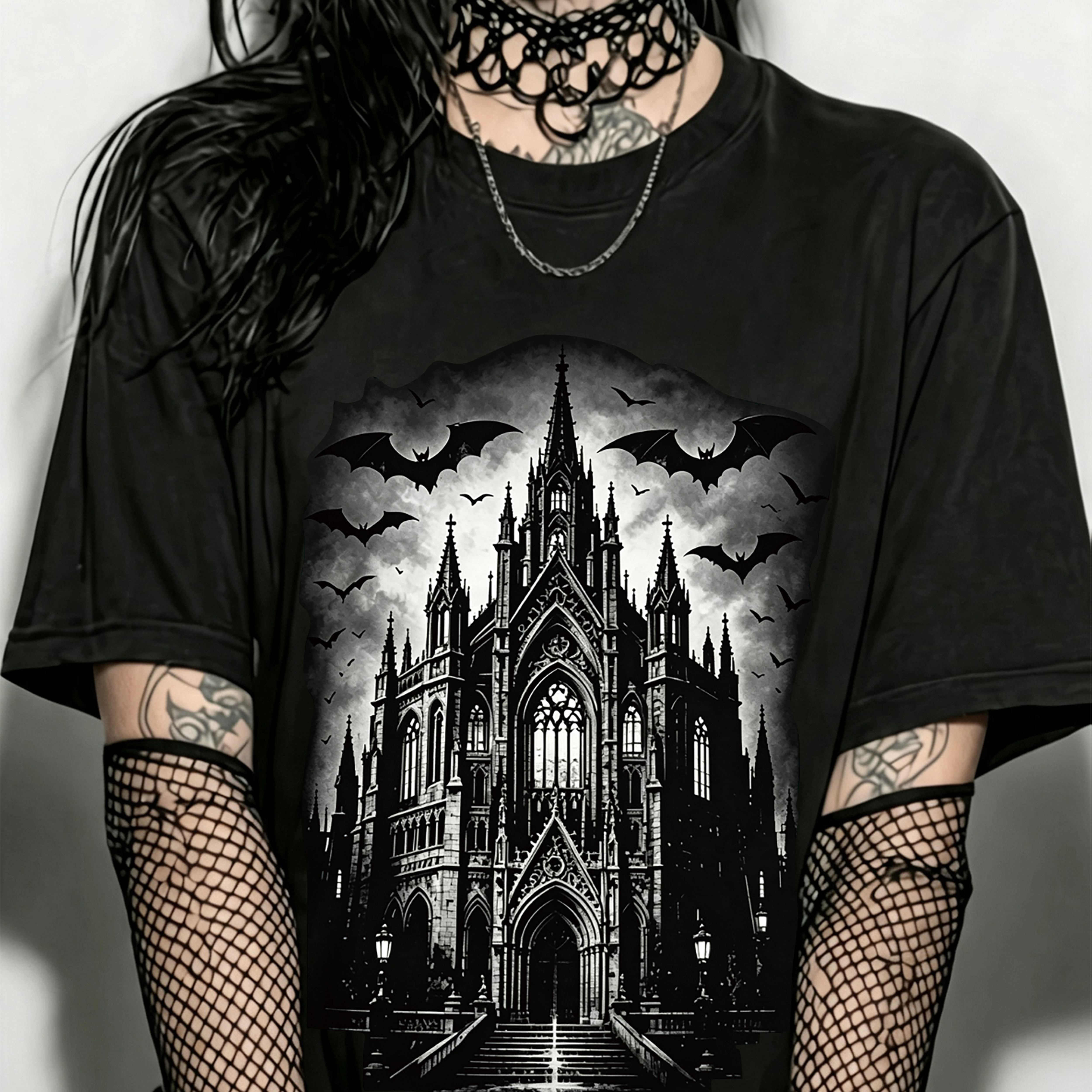 TEMU Dark Gothic Castle Bat Vintage Grunge Aesthetic Women Black Casual Top
