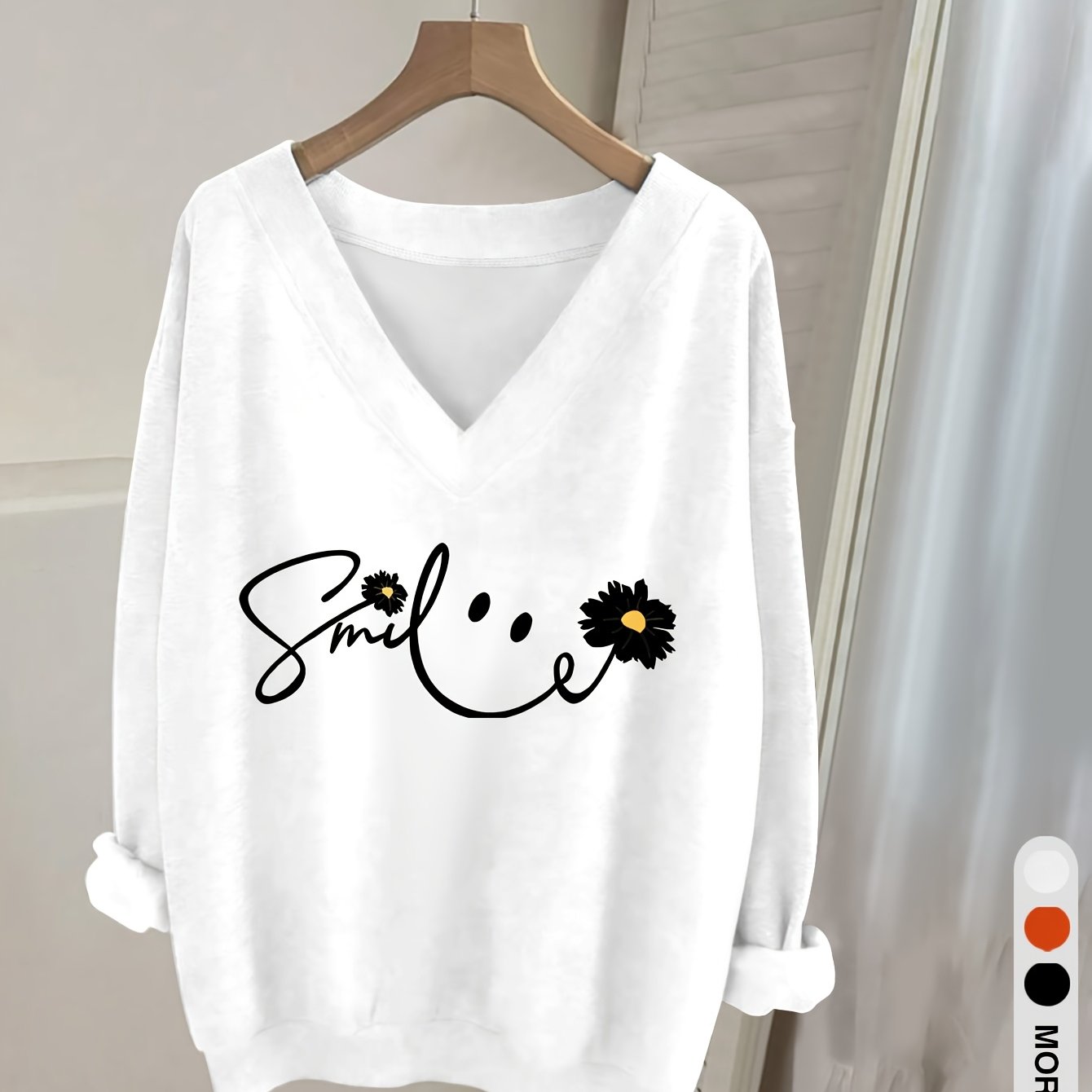 TEMU 0829gwen, A Casual V-neck Long-sleeved Sweatshirt, Letter Print, Women's Clothing, Long-sleeved T-shirt, Long-sleeved Top, Fashion Top