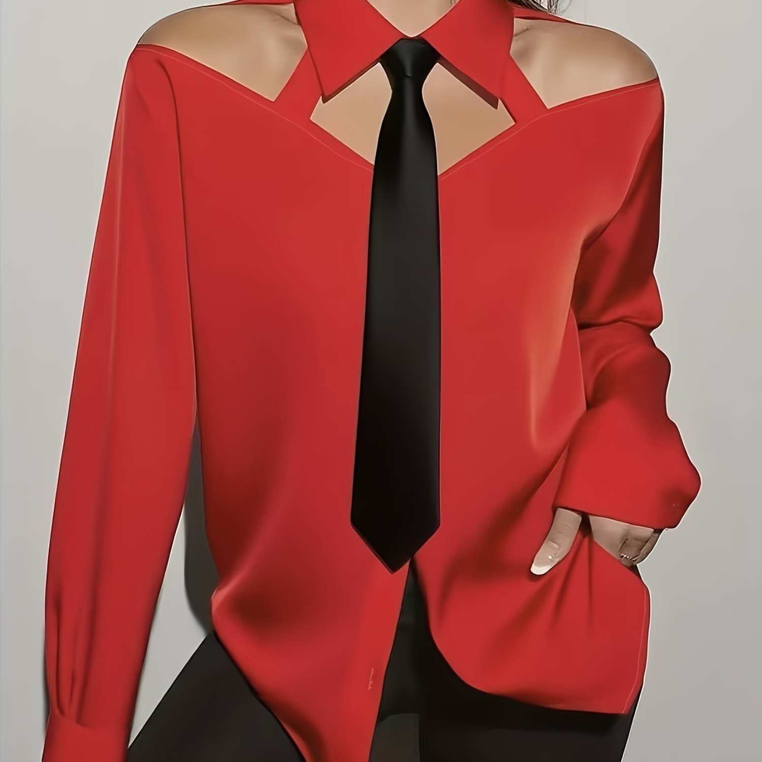 TEMU Elegant Off-shoulder Color- Tie Long-sleeve Blouse For Women's Commuting: Spring Outfit Ideas, Summer Wardrobe