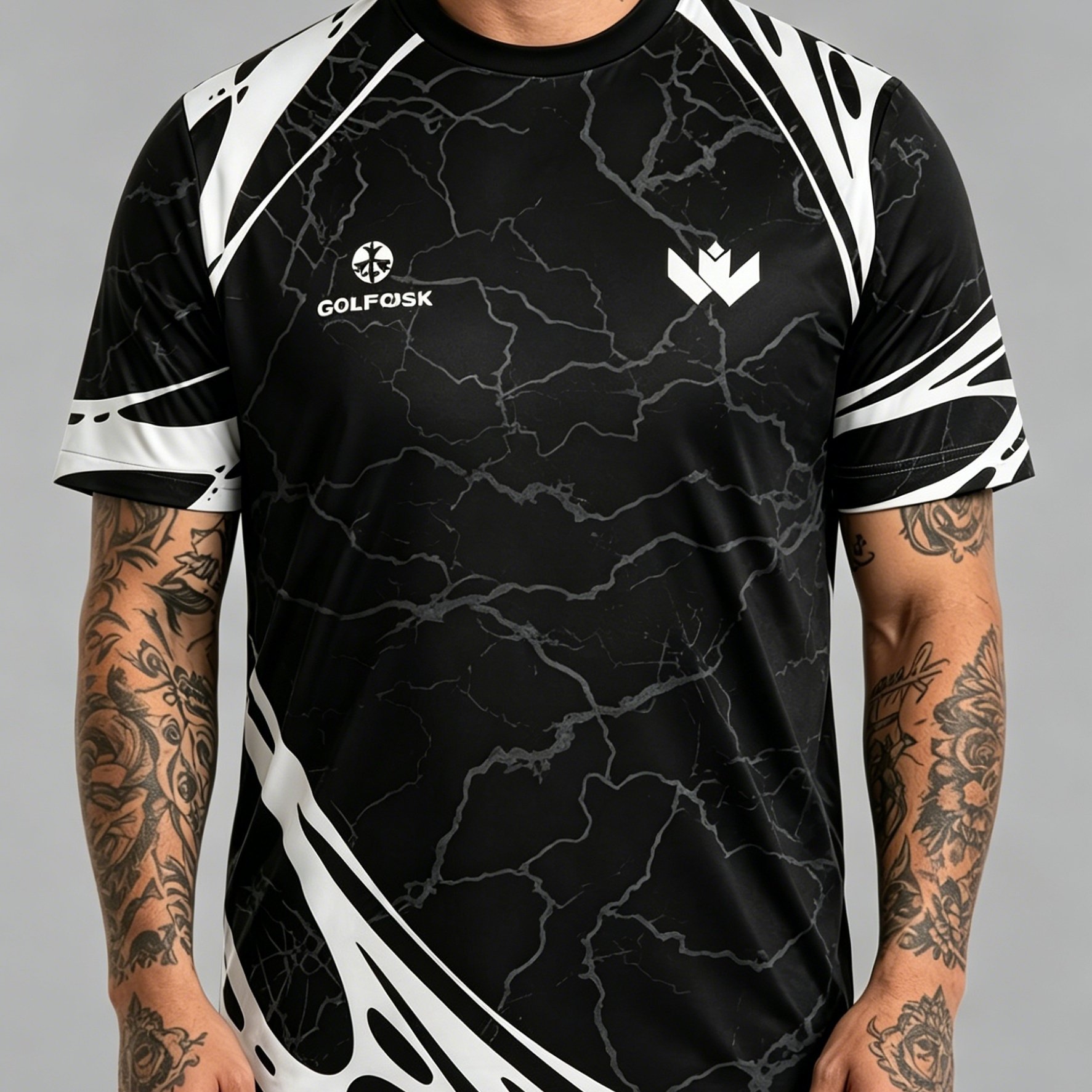 TEMU [printed Design - Not Textured] Black And Print Men's T-shirt - Team Logo Color Block - Lightweight And Breathable Mesh Short Sleeve - Summer