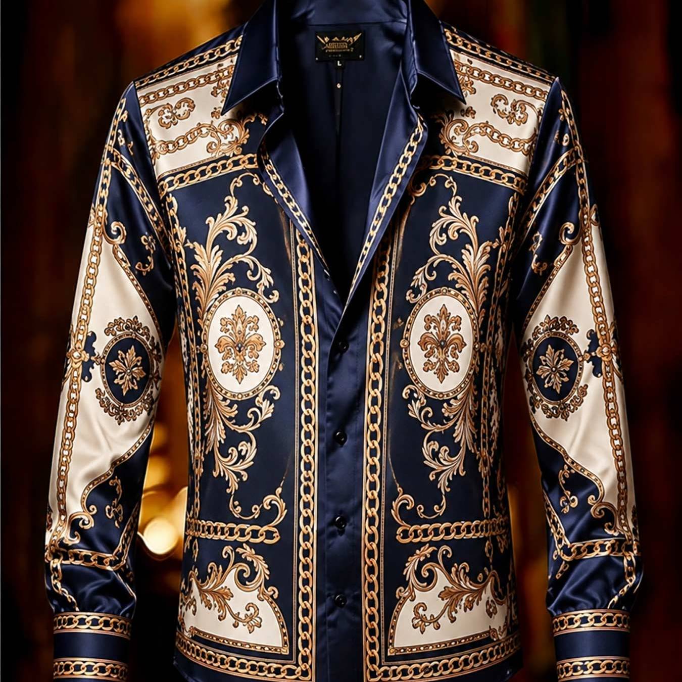 TEMU Men's Long Sleeve Shirt, Baroque Print Formal Wear, Plus Size