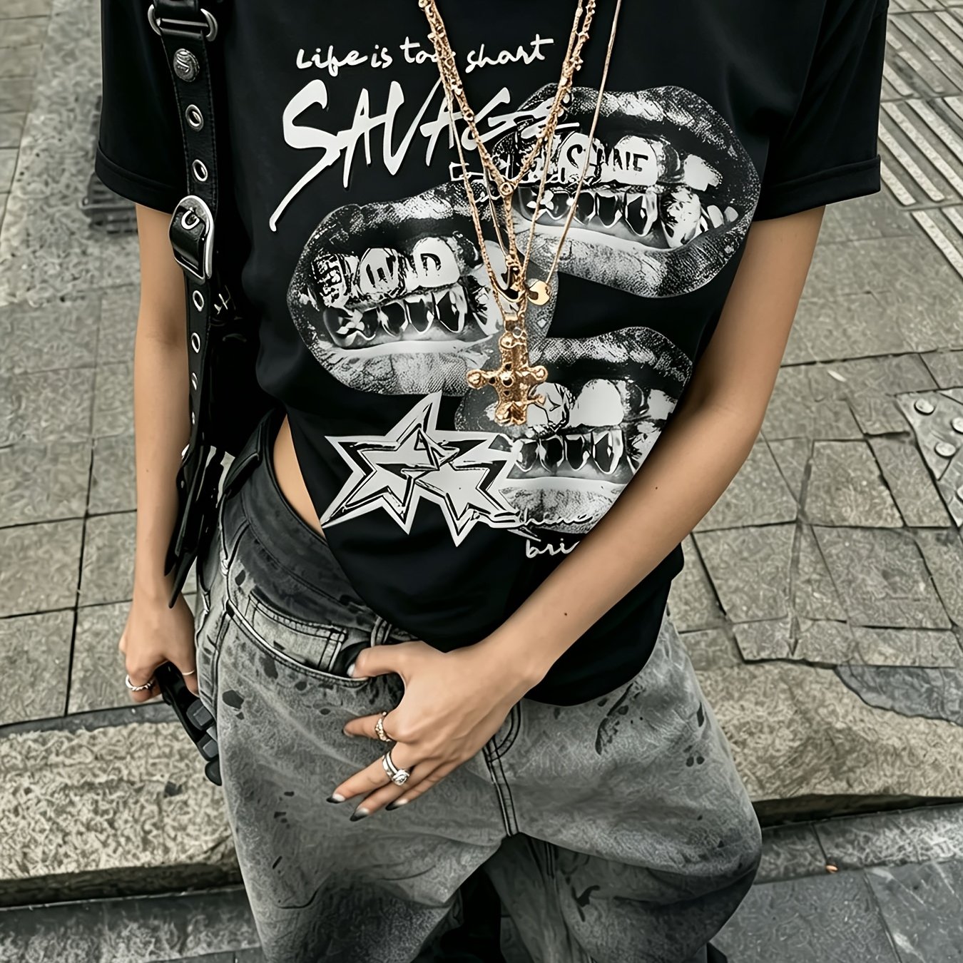 TEMU Letter Cartoon Print Short-sleeve T-shirt, Casual Short Sleeves - Polyester Fabric, For Summer. Comfortable Women's Fashion - Soft And