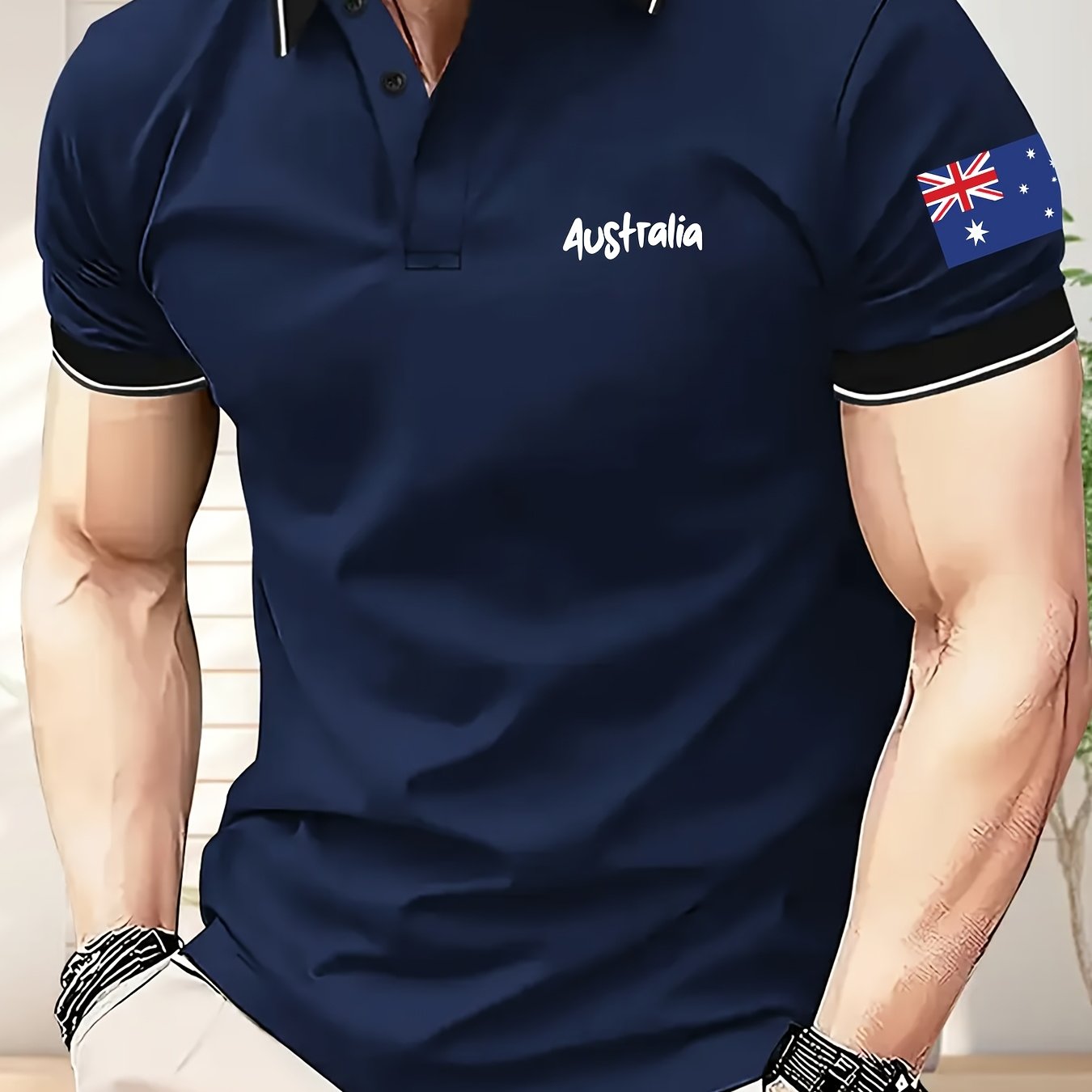 TEMU Australian Flag Text Chest Print Breathable Regular Fit Golf Shirt, Men's Casual V-neck T-shirt Summer Short Sleeve, Men's Summer Fashion, Short
