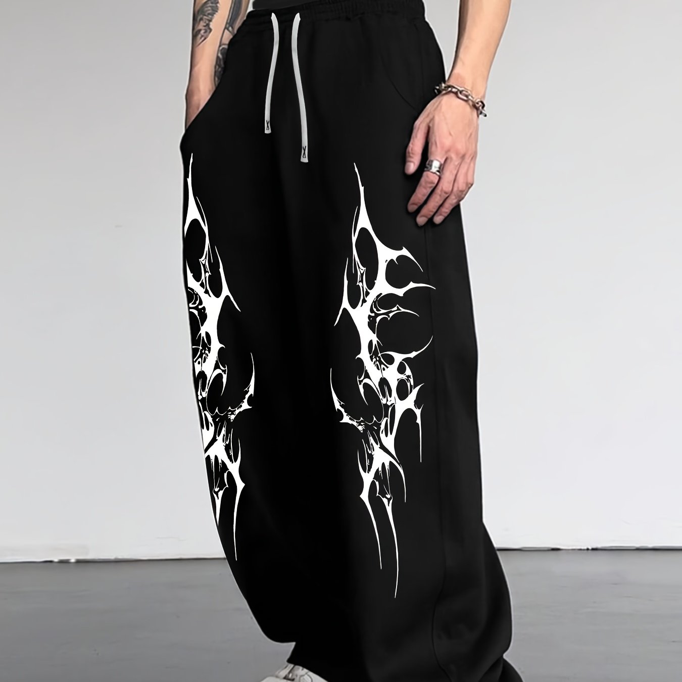 TEMU Original Gothic Tattoo Print Men's Casual Athletic Loose Straight Long Trousers, Spring New Style