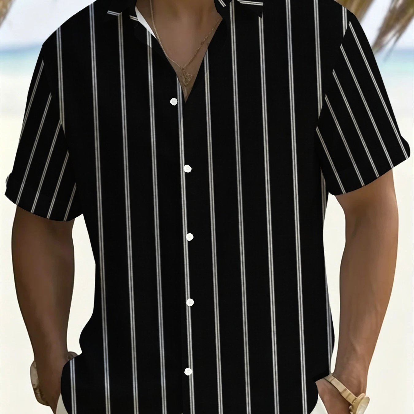 TEMU Men's Striped Plus Size Short Sleeve Shirt, Summer Casual Solid Top, Black And White Vertical Stripe Lapel Shirt, Lightweight And Breathable